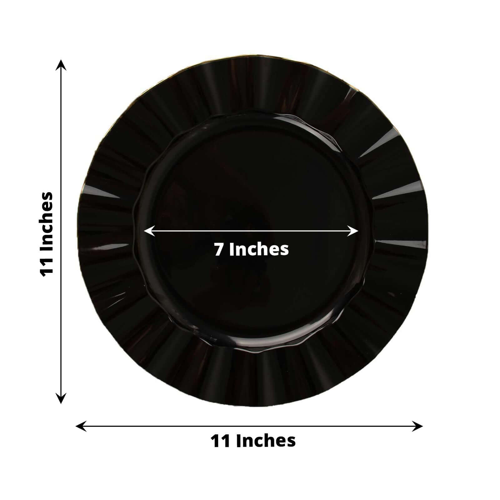 10-Pack Plastic 11 Round Dinner Plates in Black Ruffled Rim with Gold Edging - Sturdy Disposable Dinnerware