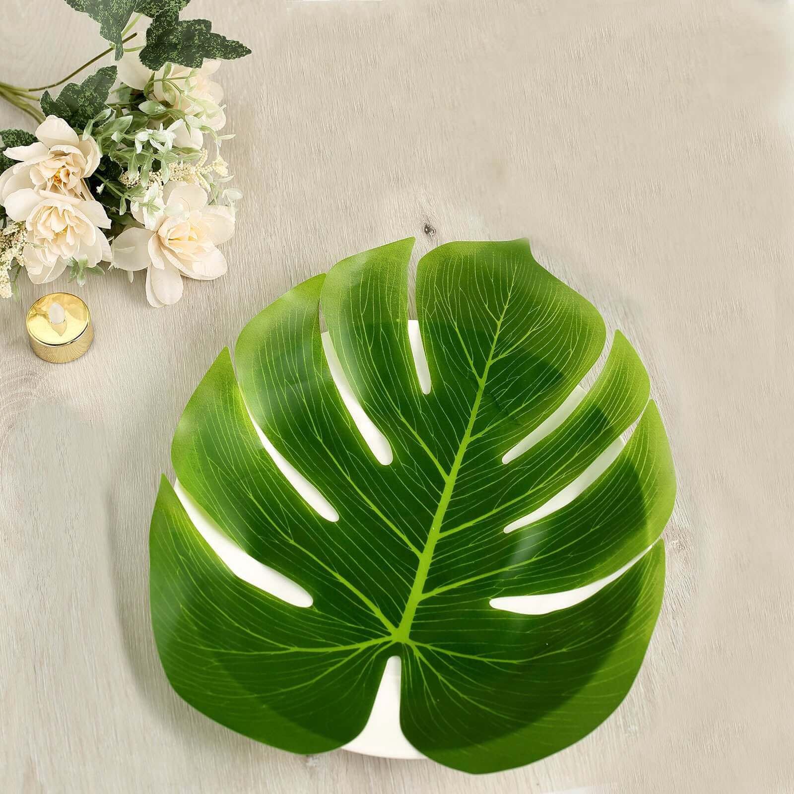 12-Pack Artificial Monstera Palm Leaves Green - Large Tropical Leaf Placemat Table Runner Decor for Summer Hawaiian Safari Theme Parties