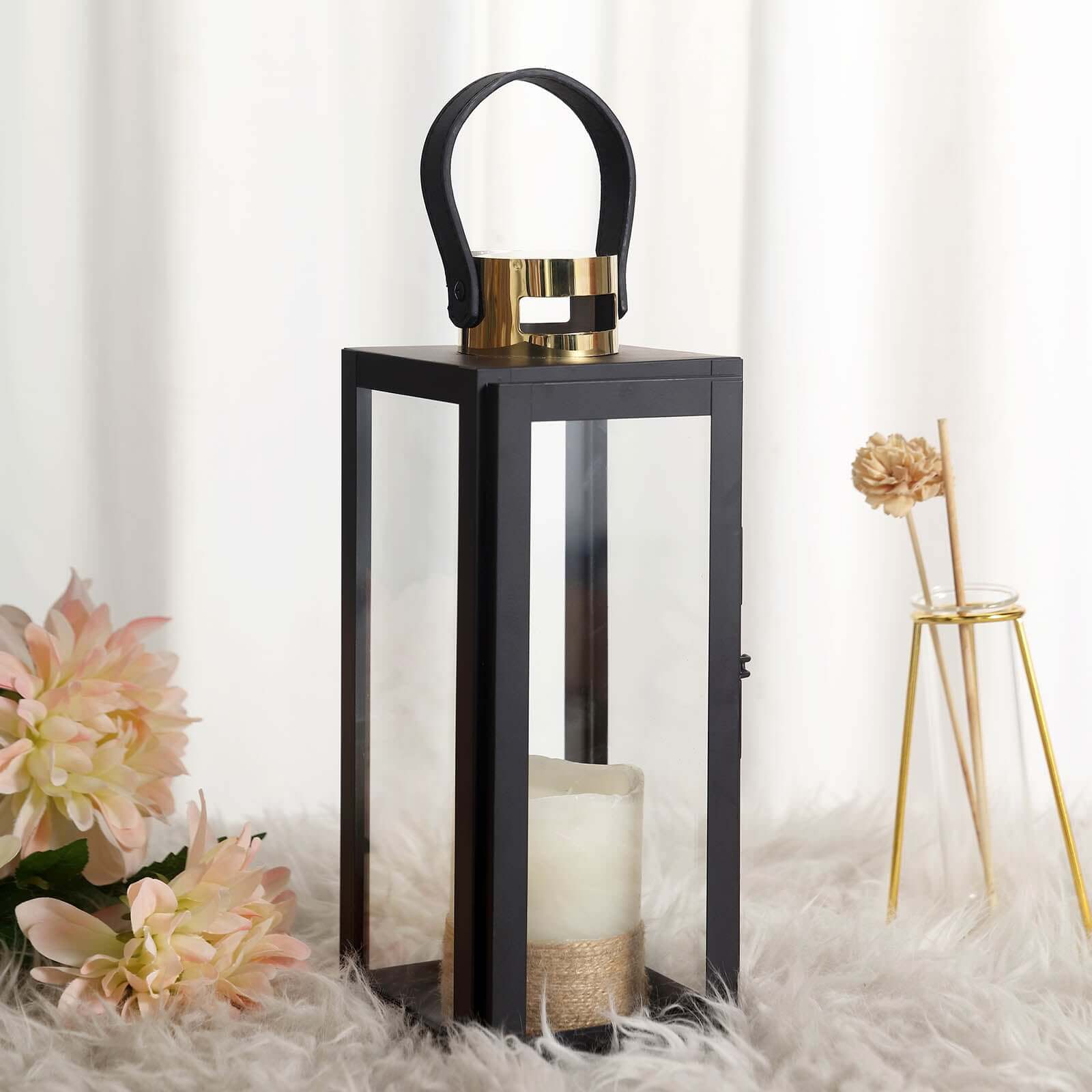 14 Black and Gold Top Stainless Steel Candle Lantern Centerpiece Outdoor Metal Patio Lantern