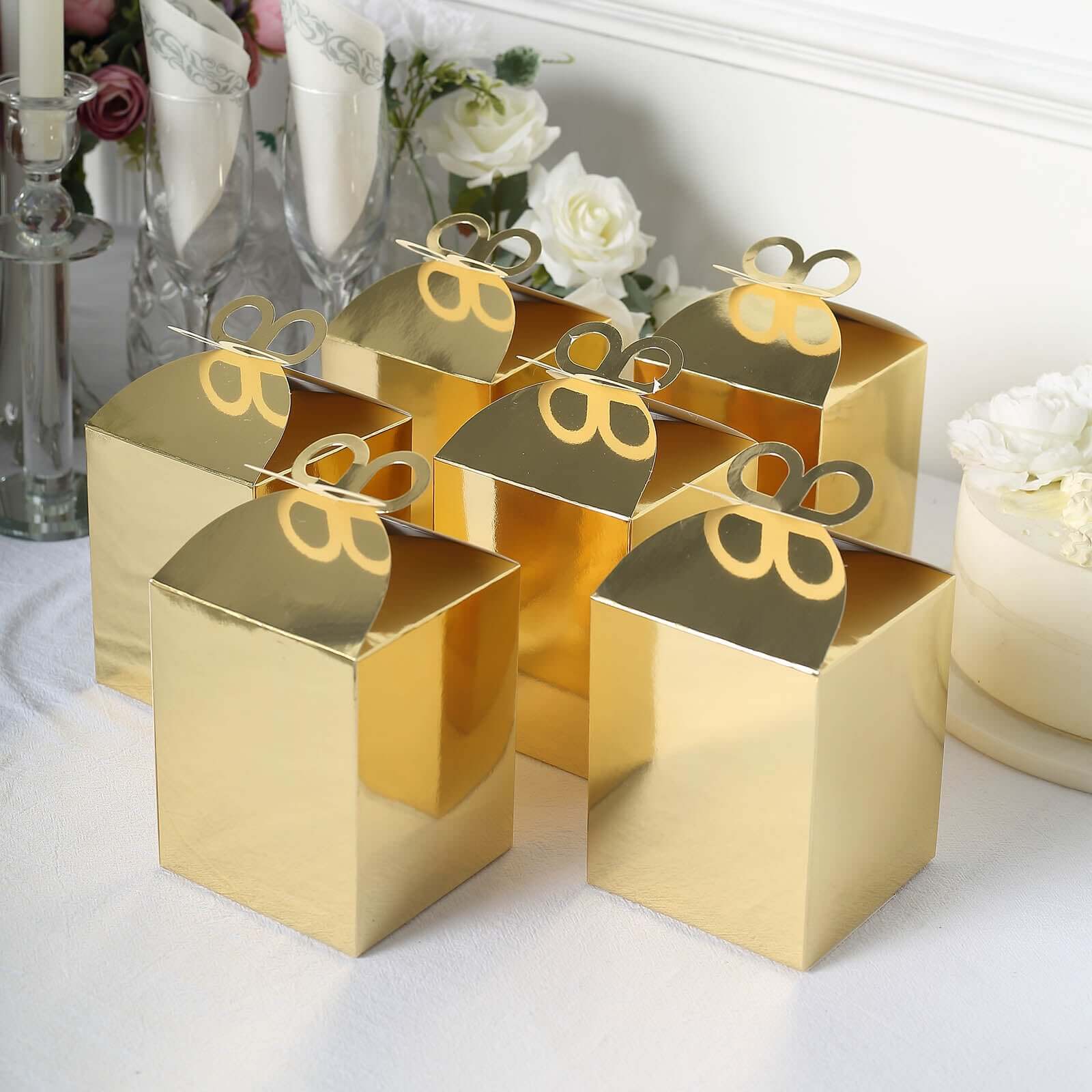 25 Pack Metallic Gold Foil Butterfly Top Premium Party Favor Boxes, Cardstock Candy Gift Boxes - 250 GSM