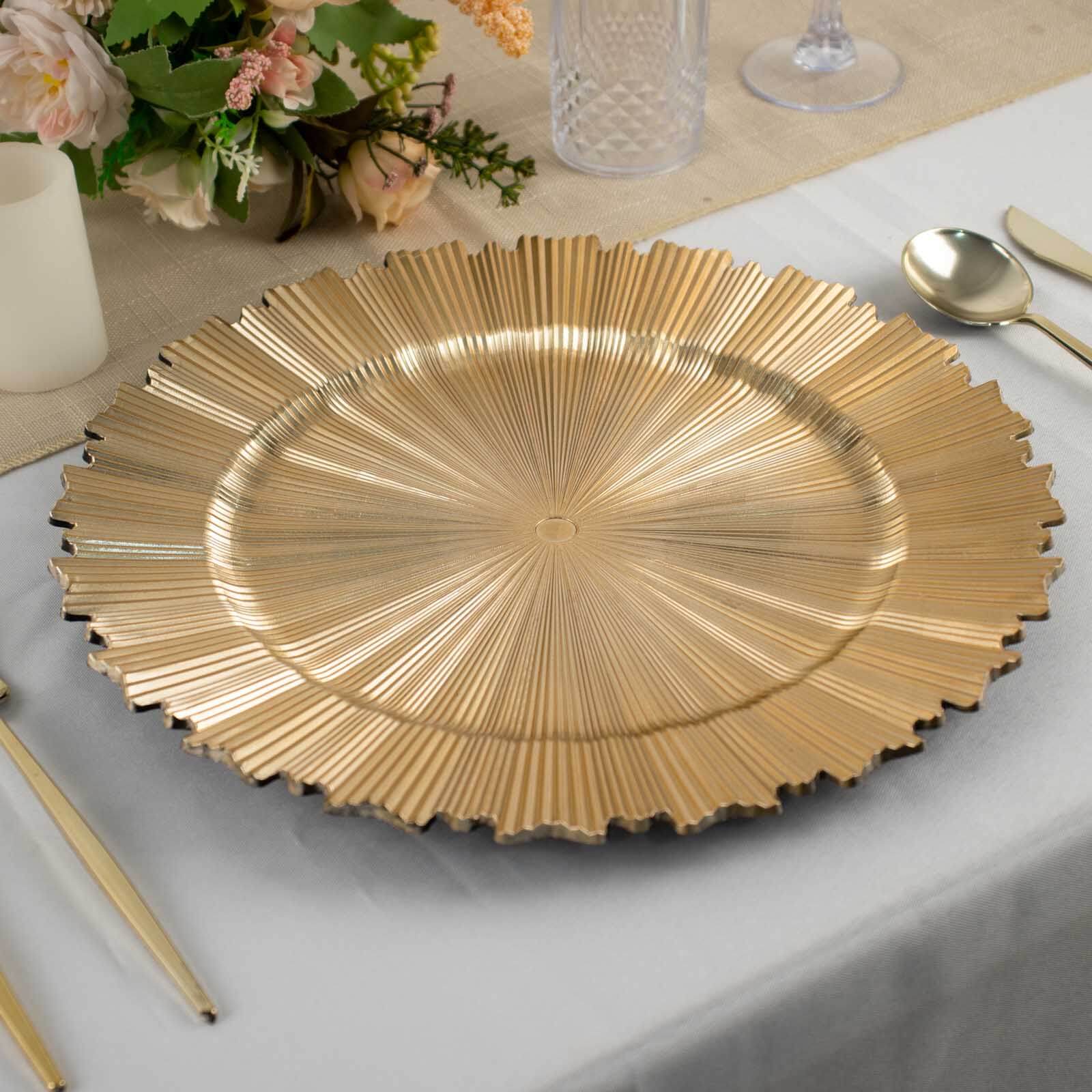 6-Pack Acrylic Plastic Round Charger Plates 13 in Metallic Gold with Sunray Scalloped Rim, Decorative Dinner Party Charger Tableware