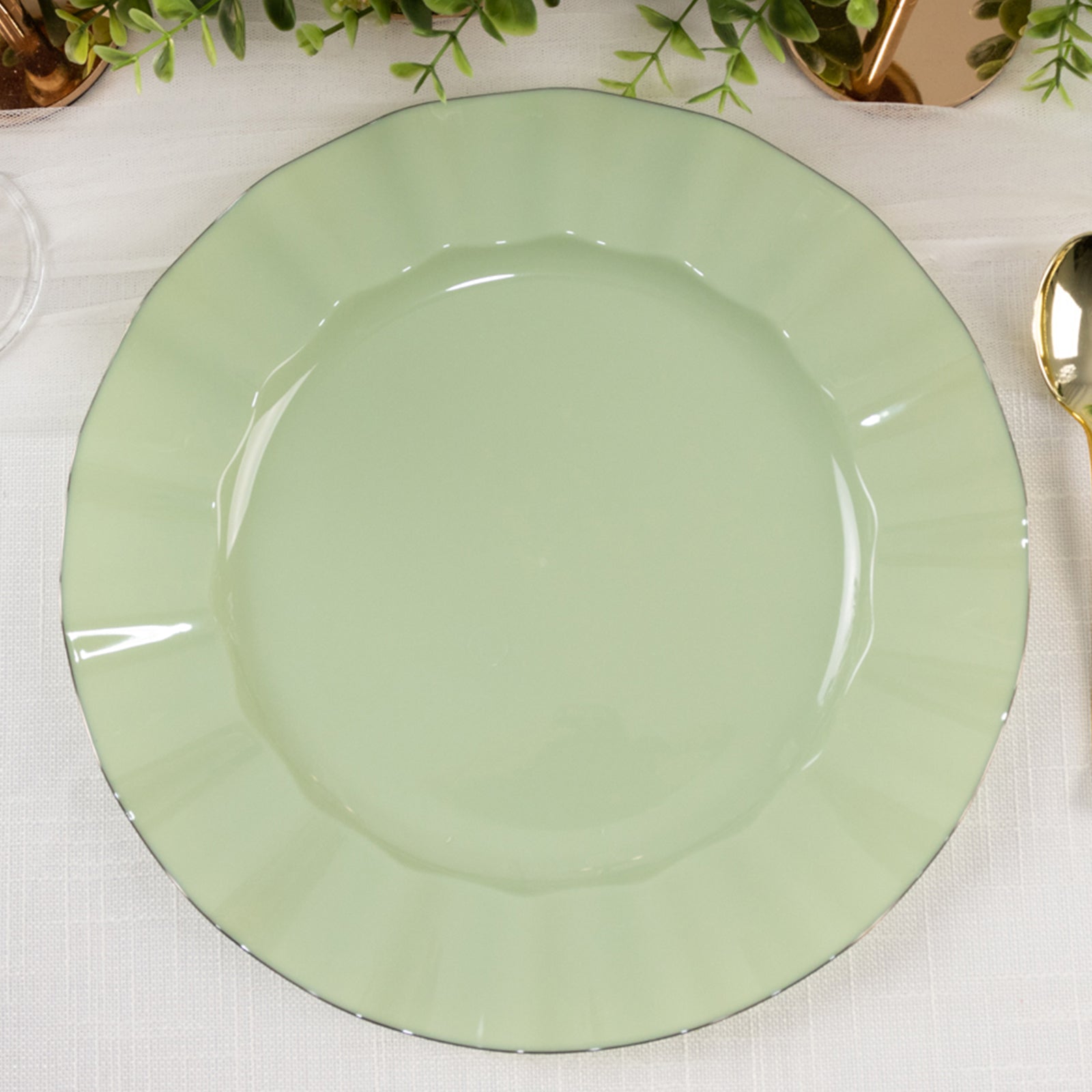 10-Pack Plastic 11 Round Dinner Plates in Sage Green Ruffled Rim with Gold Edging - Sturdy Disposable Dinnerware