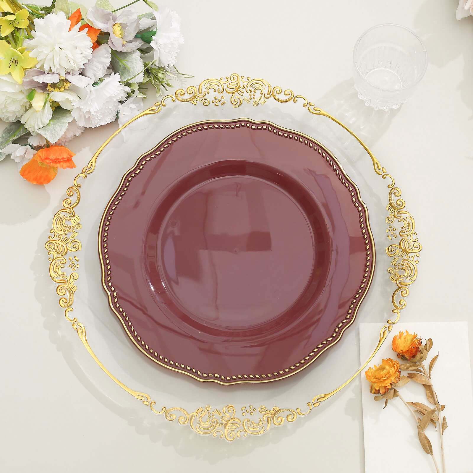 10-Pack Plastic 10 Dinner Plates in Cinnamon Rose with Gold Scalloped Rim - Disposable Large Party Plates