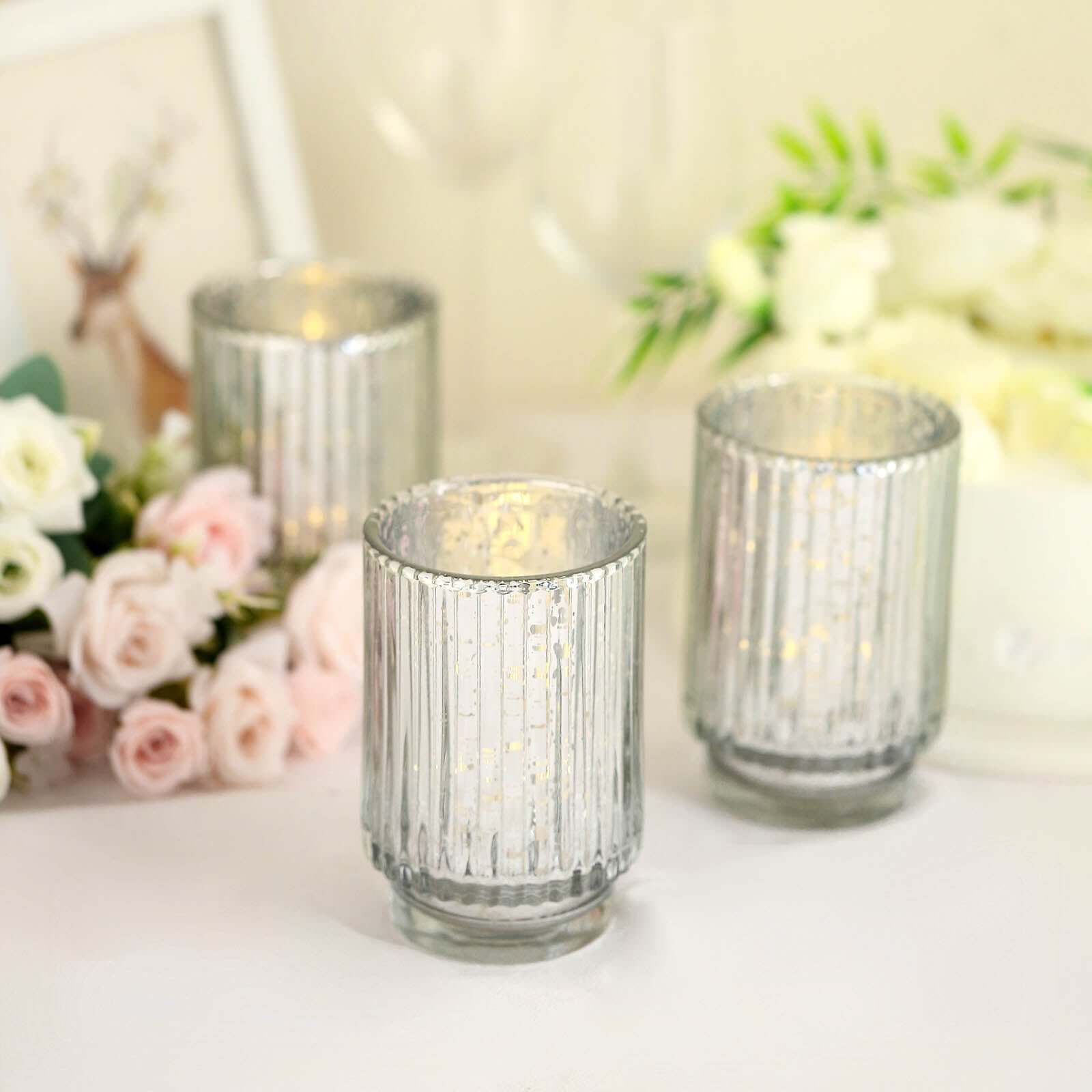 3-Pack Mercury Glass Hurricane Candle Holders Silver Wavy Column Design - Votive Pillar Vase 5