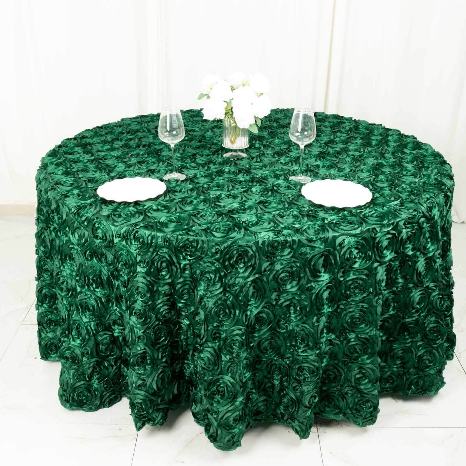 Satin 120 Round Tablecloth Hunter Emerald Green - Grandiose 3D Rosette with Seamless Finish Table Cover