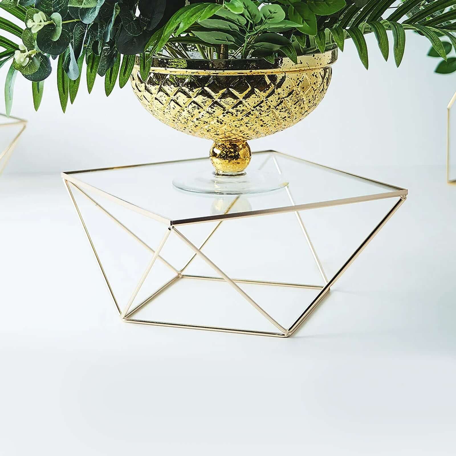 Metal Cake Stand Geometric Pedestal Riser Design Gold with Square Glass Top - Display Centerpiece 14