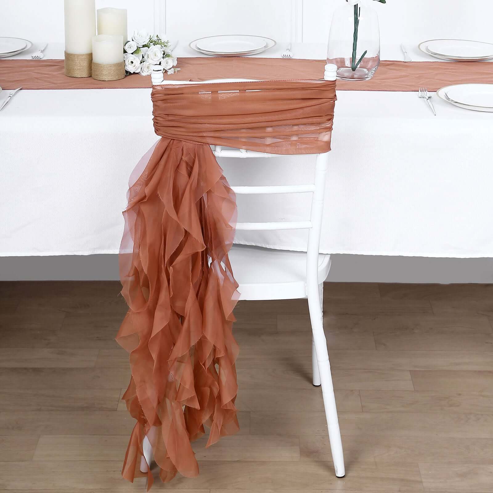 1 Set Chiffon Hoods Chair Sashes with Willow Ruffles Design Terracotta (Rust) - Stylish Chair Bow Decor