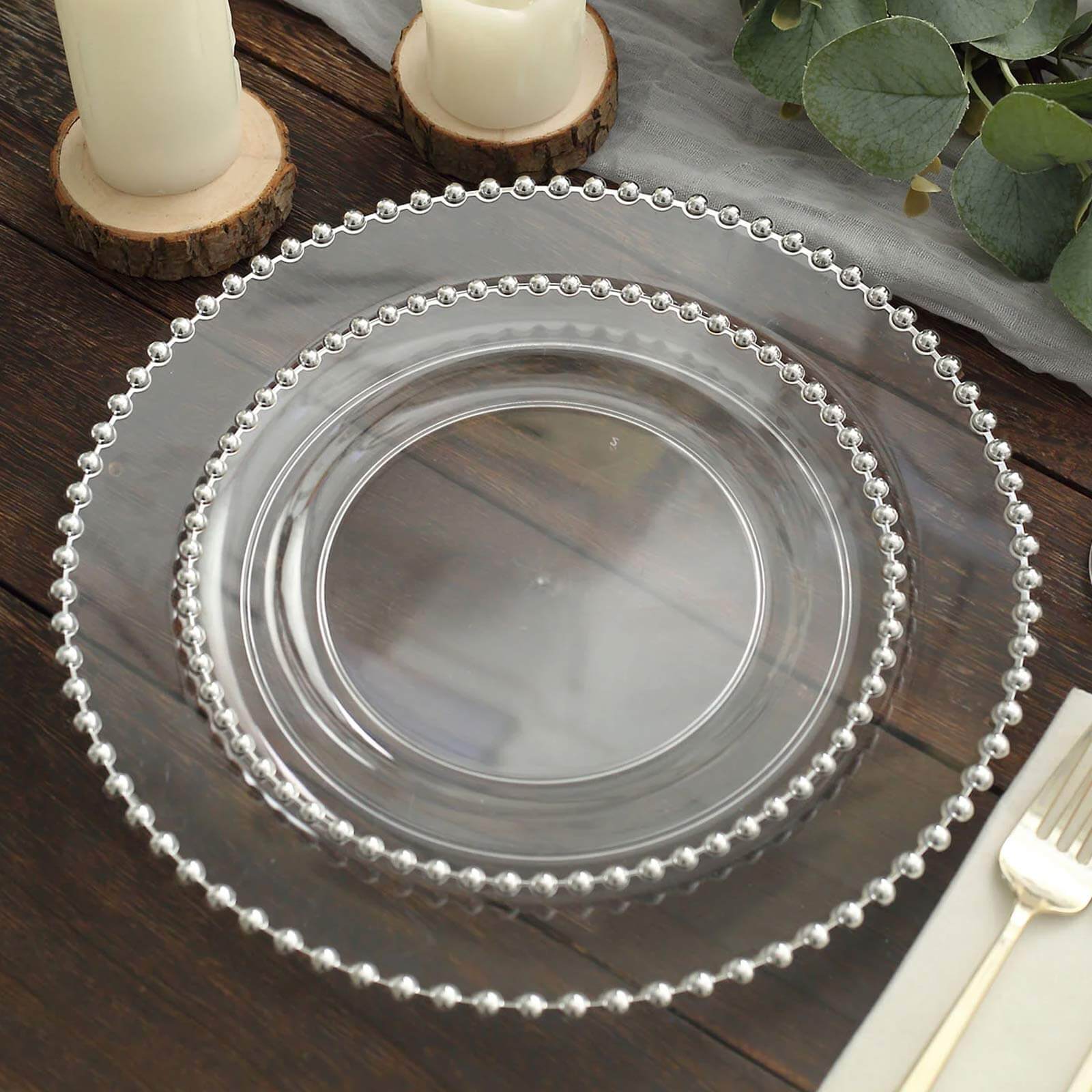 10-Pack Plastic 8 Round Appetizer Dessert Plates in Clear with Silver Beaded Rim - Disposable Salad Plates