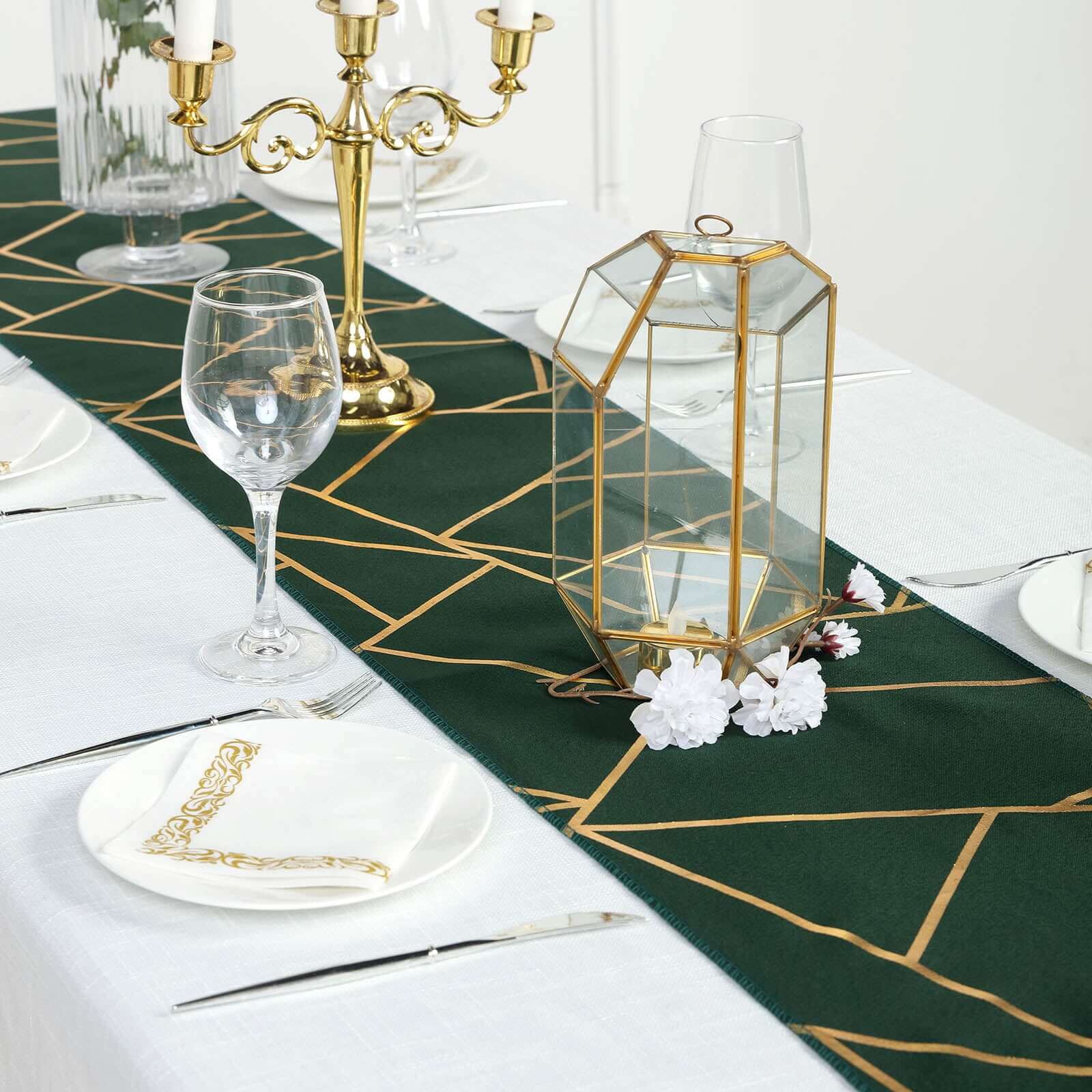 Polyester 9ft Table Runner Hunter Emerald Green with Gold Foil Modern Geometric Accent