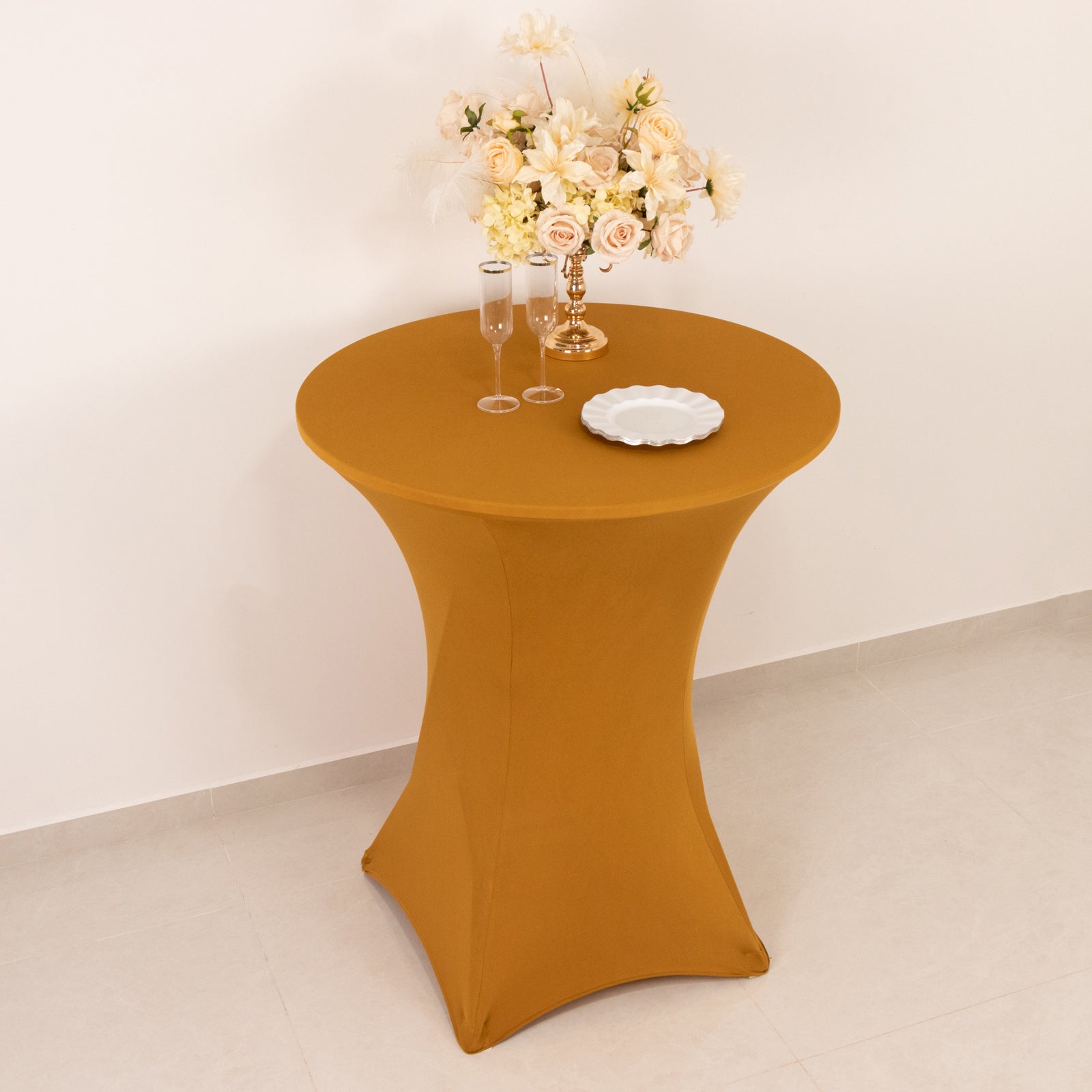 Spandex 33-36 Round Cocktail Table Cover Gold - Easy to Maintain Stretch Fitted Highboy Tablecloth for Events