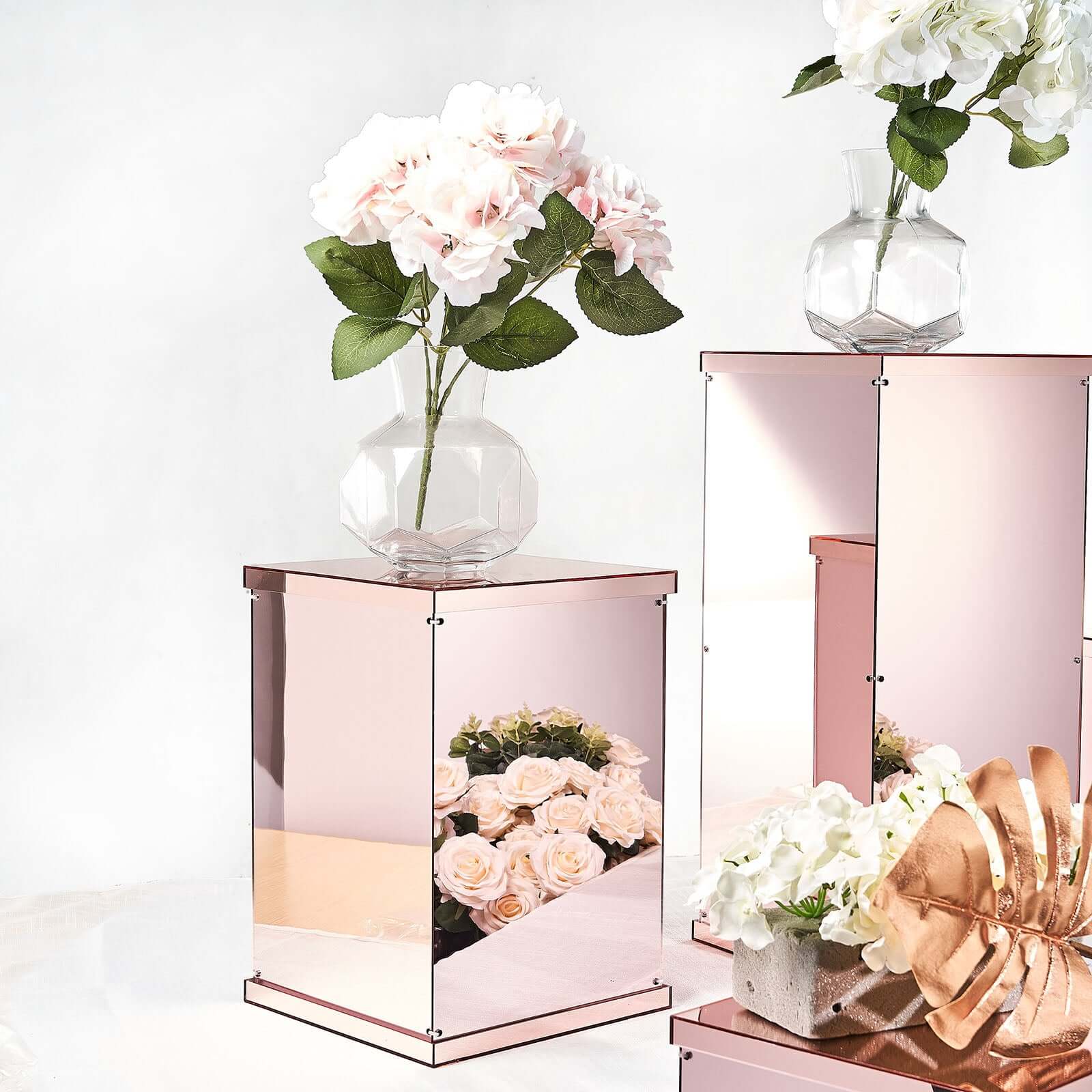 Set of 5 Rose Gold Mirror Finish Acrylic Display Boxes, Pedestal Risers with Interchangeable Lid and Base - 12,16,24,32,40