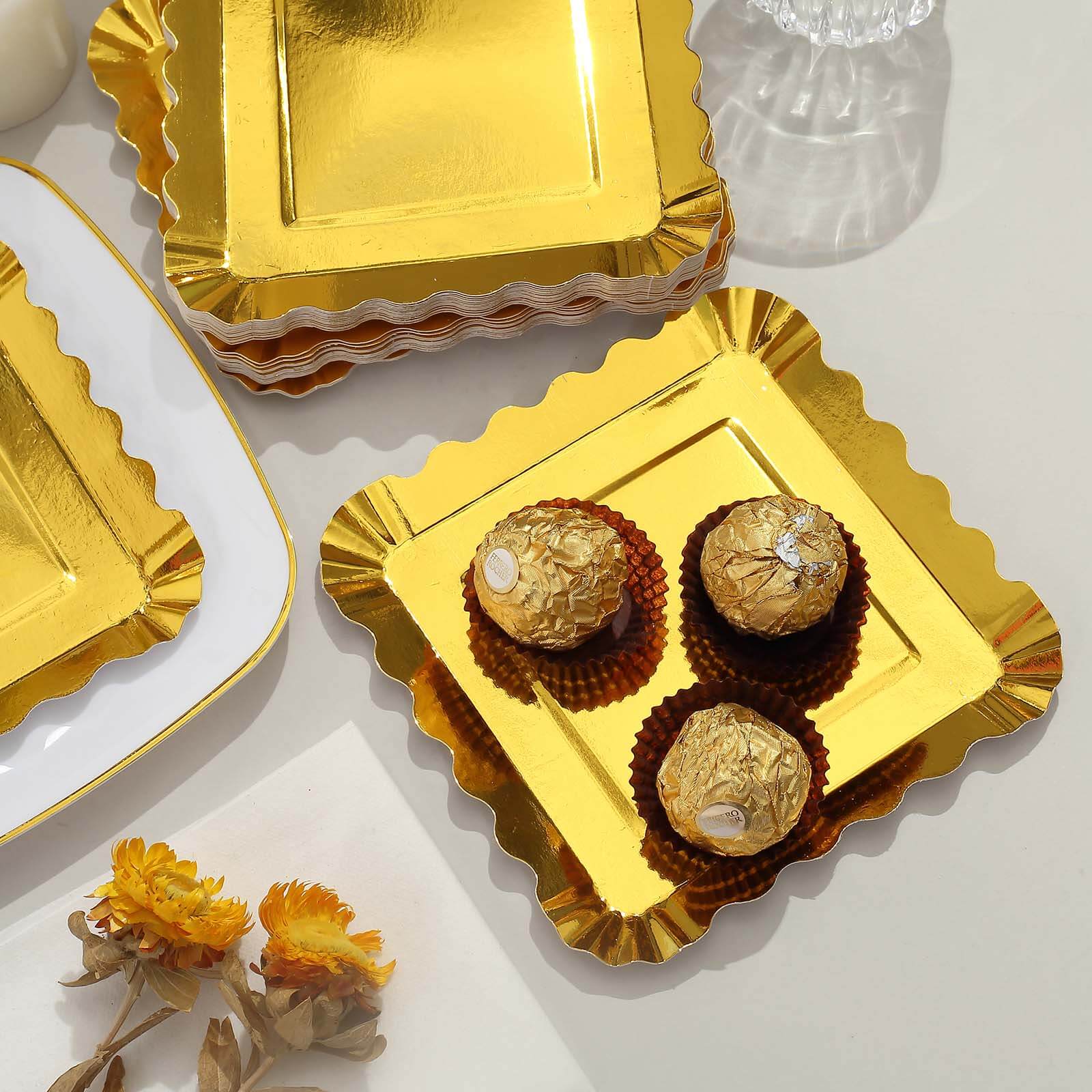 50-Pack Paper 5 Square Dessert Plates in Gold Foil with Scalloped Rim - Disposable Appetizer Plates for for Glam Gatherings & Special Occasions