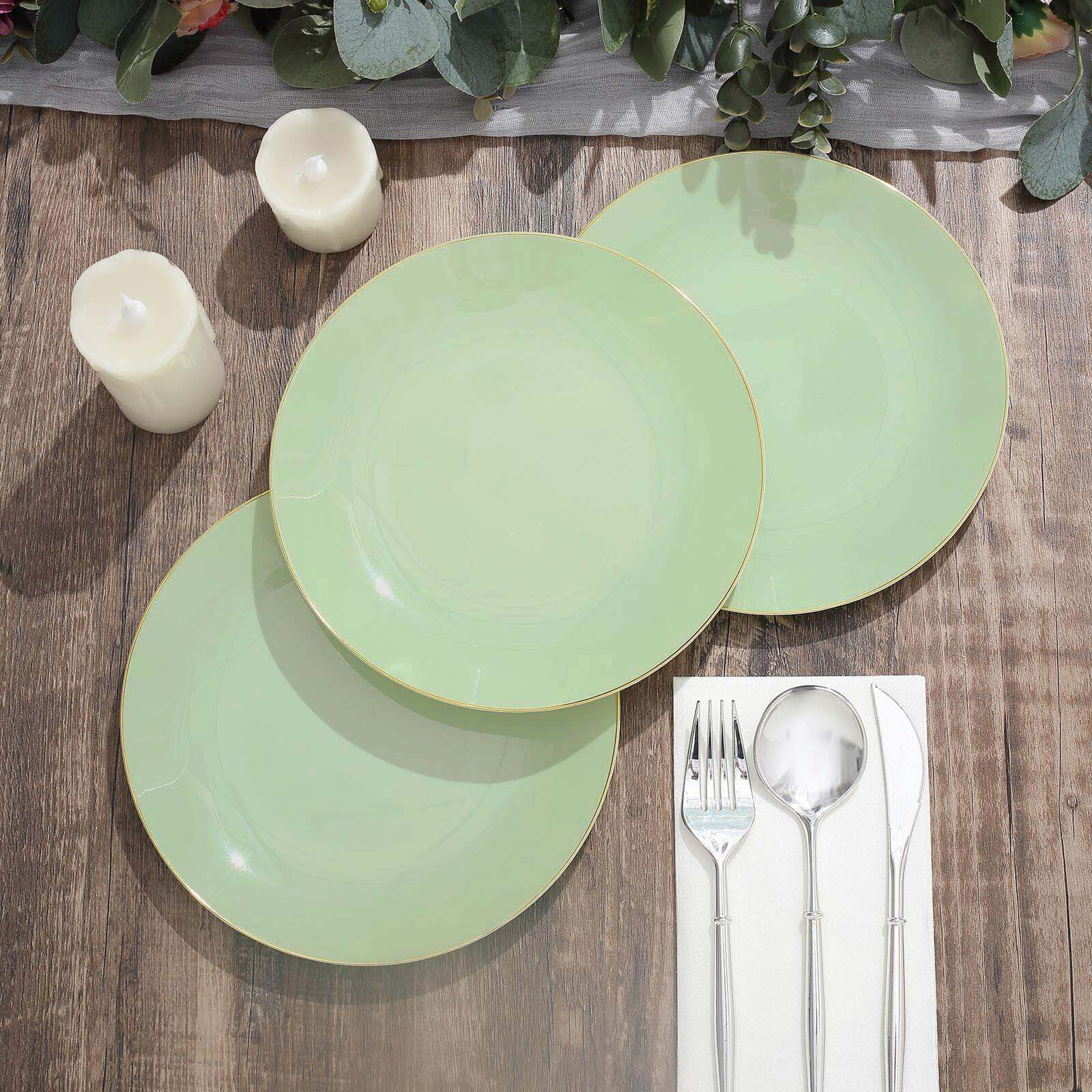 10-Pack Plastic 8 Round Dessert Plates in Sage Green with Gold Rim - Glossy Disposable Appetizer Salad Plates