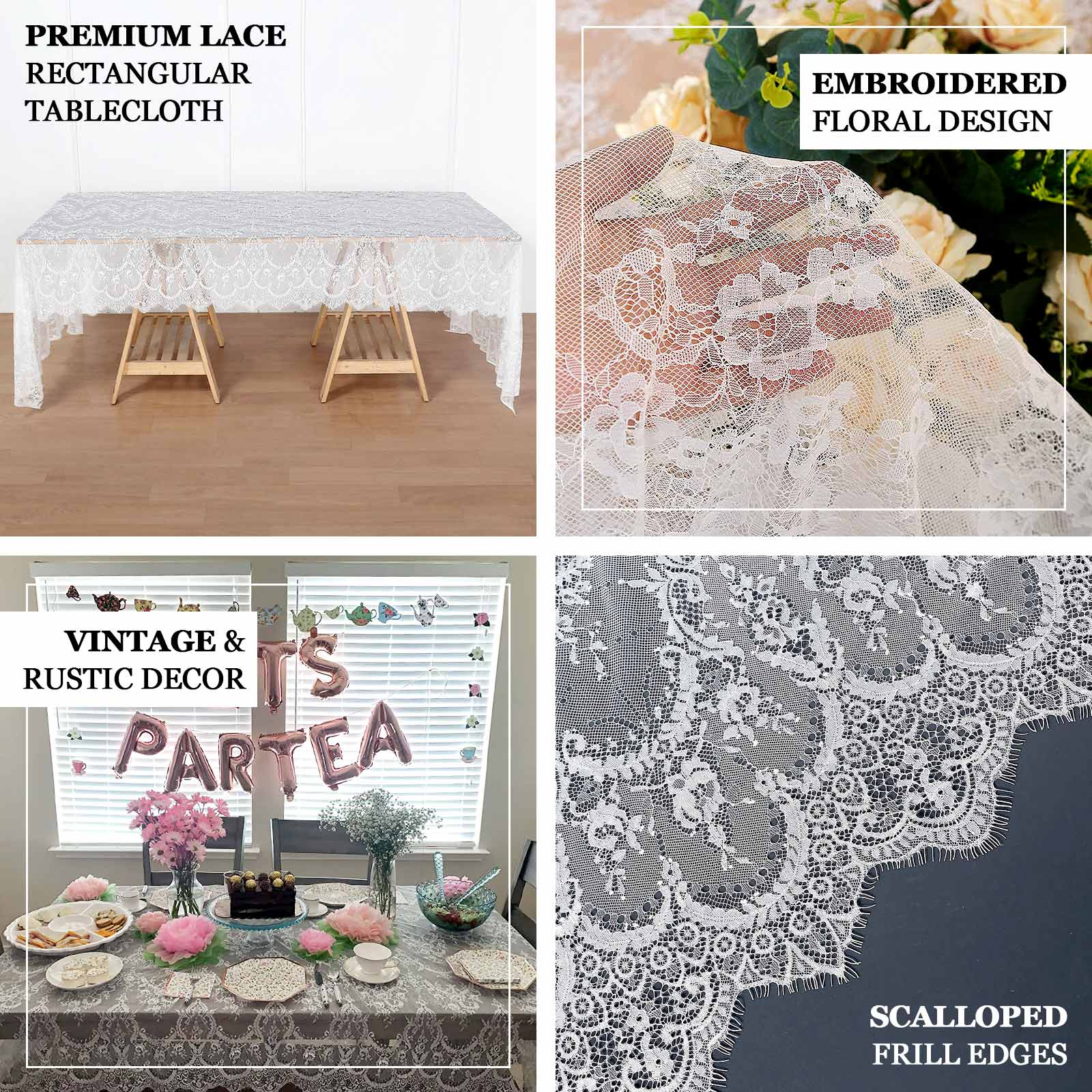 Lace 60x120 Rectangle Tablecloth White - Vintage Lace Design with Scalloped Frill Edges for Refined Occasions