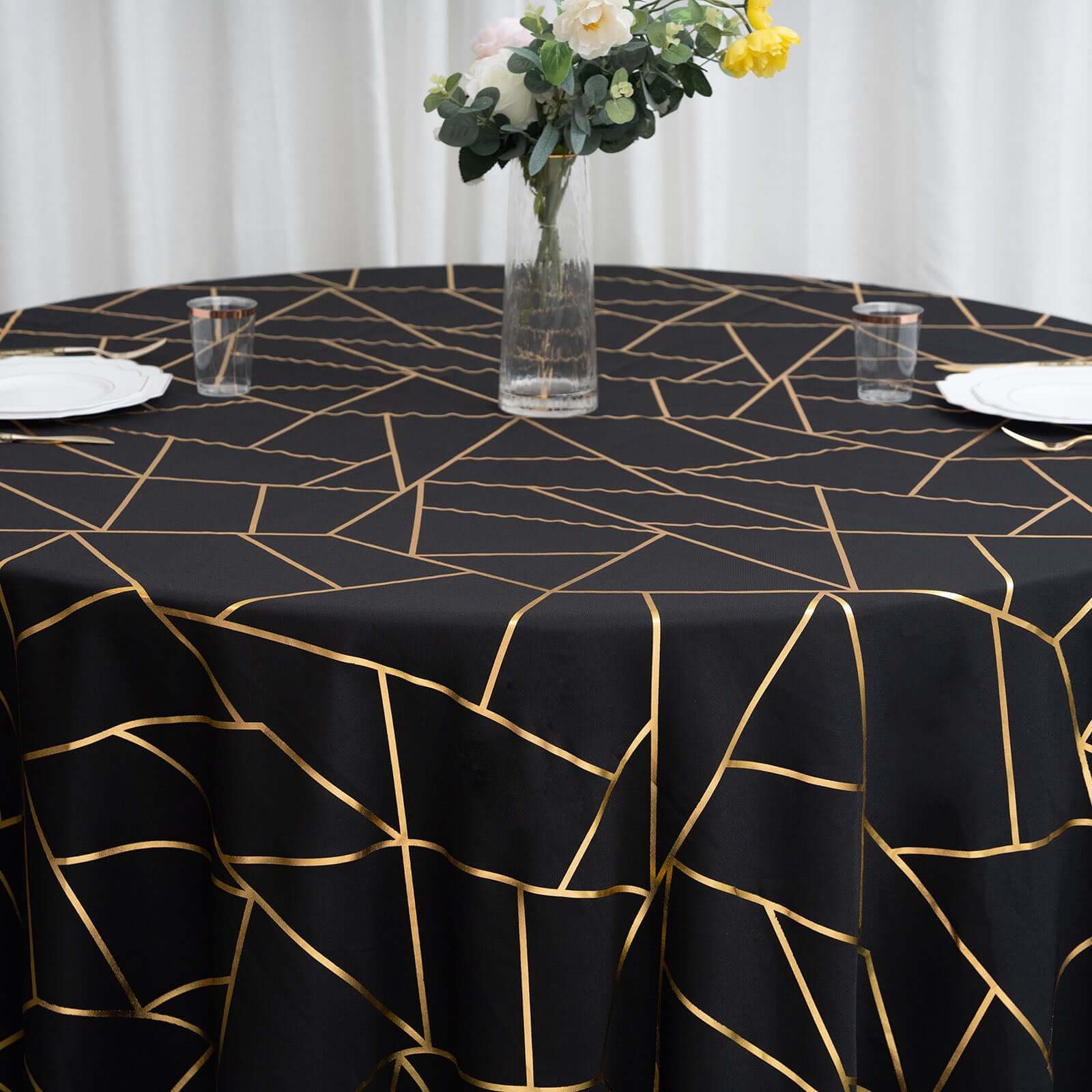 Polyester 120 Round Tablecloth Black with Gold Foil Geometric Pattern Wrinkle-Resistant Seamless Table Cover