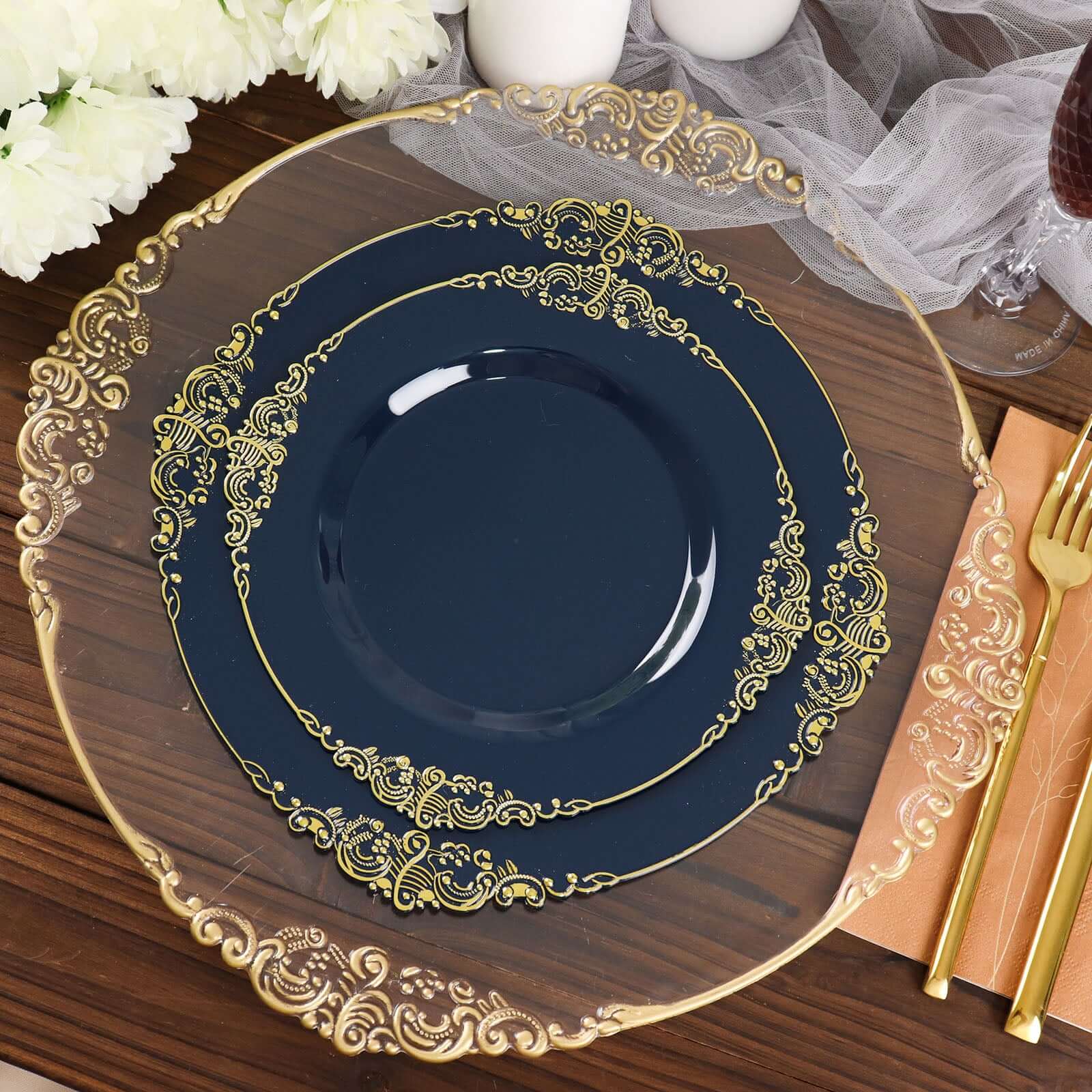 10-Pack Plastic 10 Round Dinner Plates in Navy Blue with Gold Leaf Embossed Rim - Disposable Vintage Baroque Style Plates