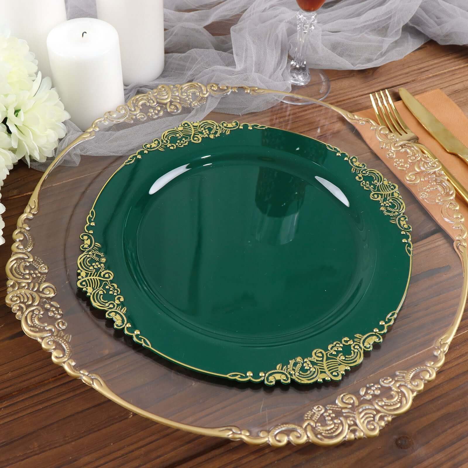 10-Pack Plastic 10 Round Dinner Plates in Hunter Emerald Green with Gold Leaf Embossed Rim - Disposable Vintage Baroque Style Plates