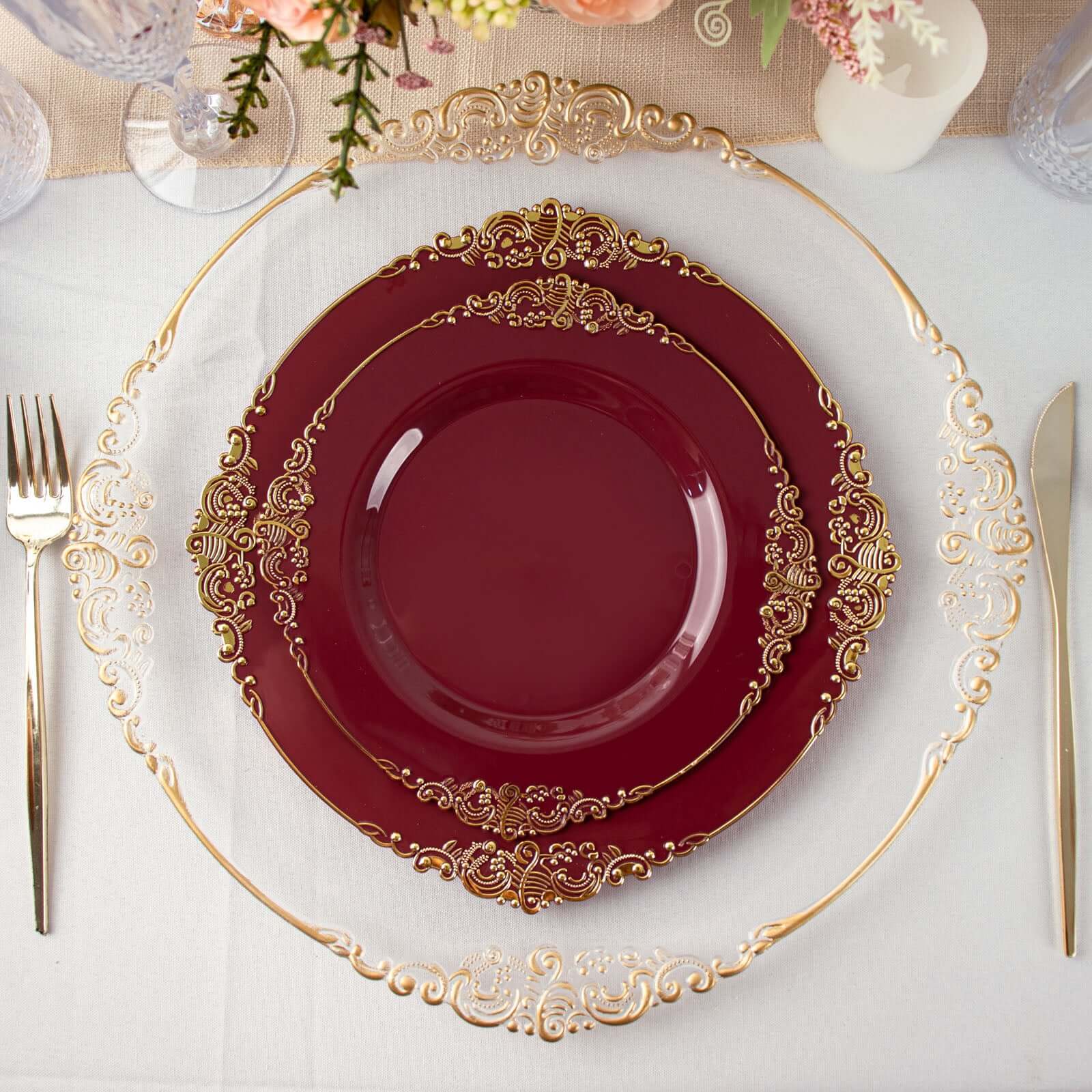 10-Pack Plastic 8 Round Dessert Plates in Burgundy with Gold Leaf Embossed Rim - Disposable Vintage Baroque Style Salad Plates for Luxurious Gatherings & Events