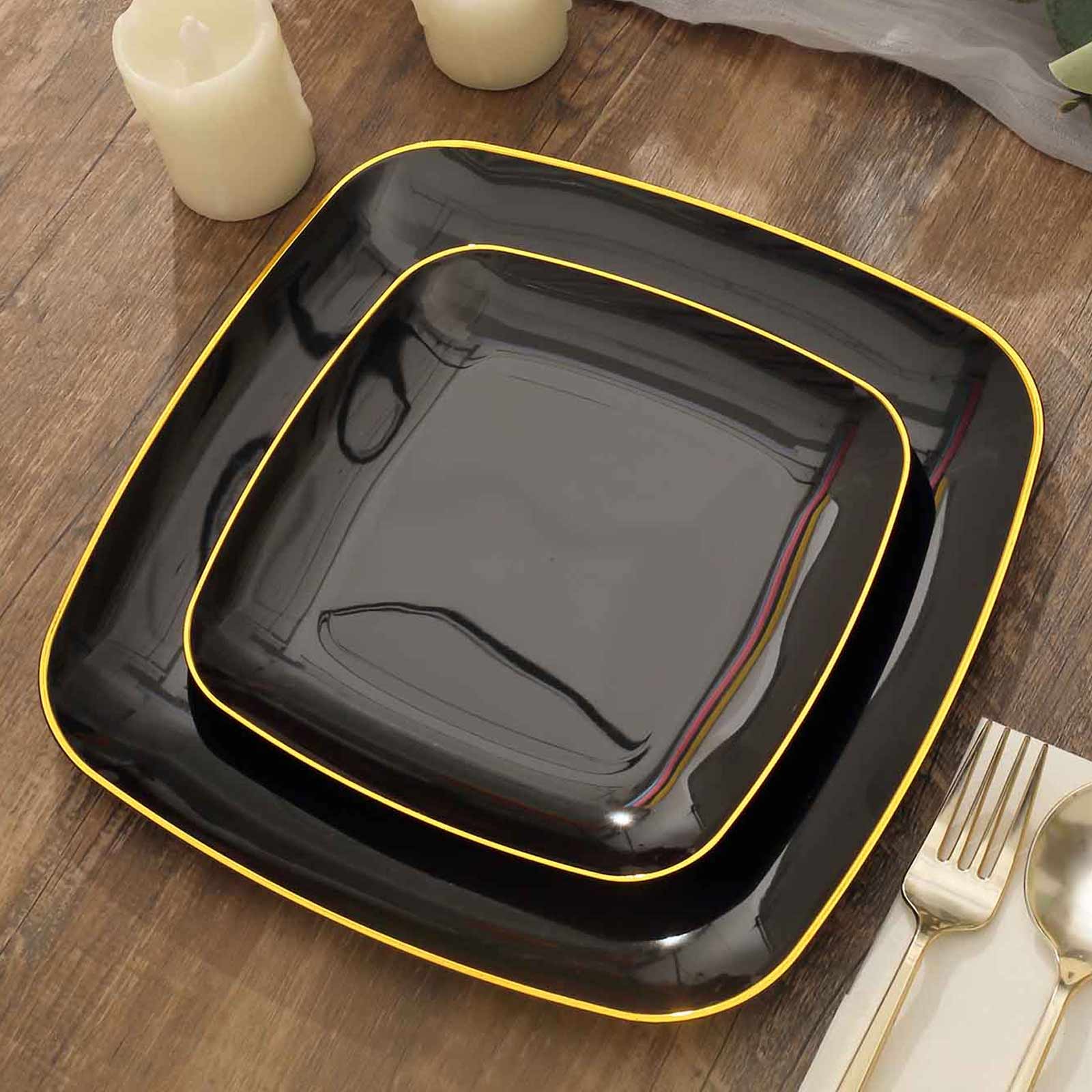 10-Pack Plastic 7 Square Dessert Plates in Black with Gold Rim - Classy Disposable Appetizer Salad Plates