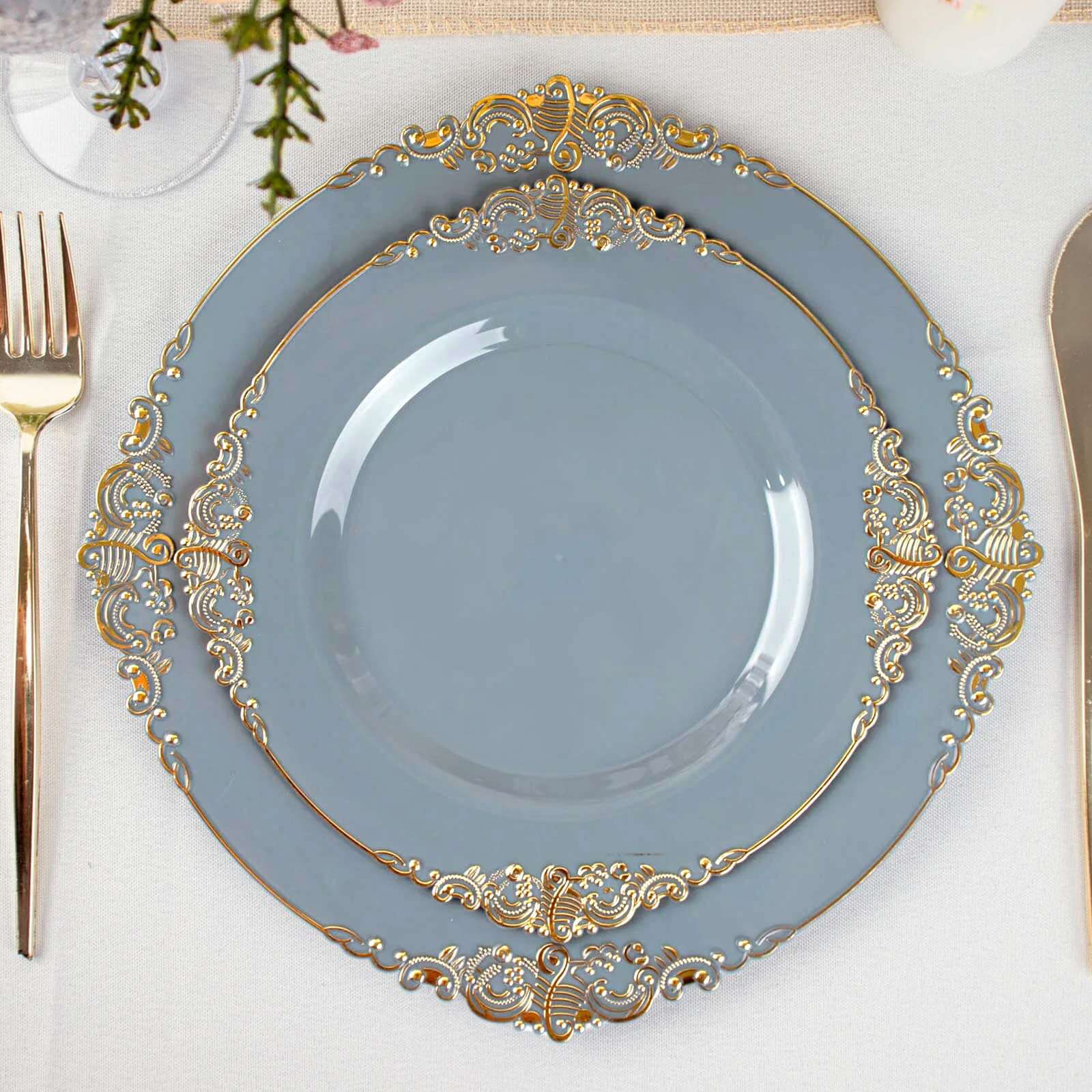 10-Pack Plastic 8 Round Dessert Plates in Dusty Blue with Gold Leaf Embossed Rim - Disposable Vintage Baroque Style Salad Plates