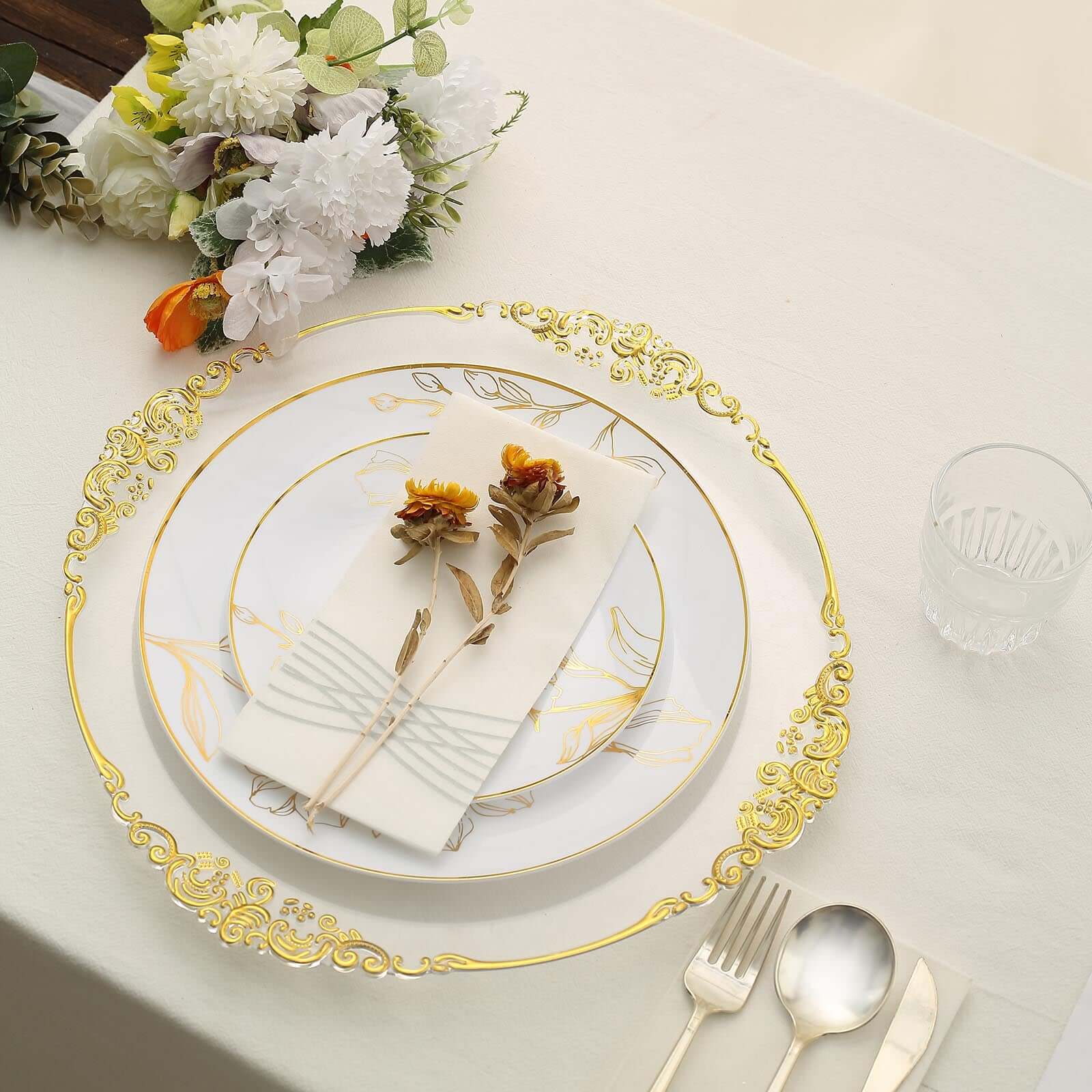 Set of 20 Plastic Round Dinner and Dessert Plates in White with Metallic Gold Floral Design - Stylish Disposable Dinnerware for Banquets & Special Occasions 8, 10