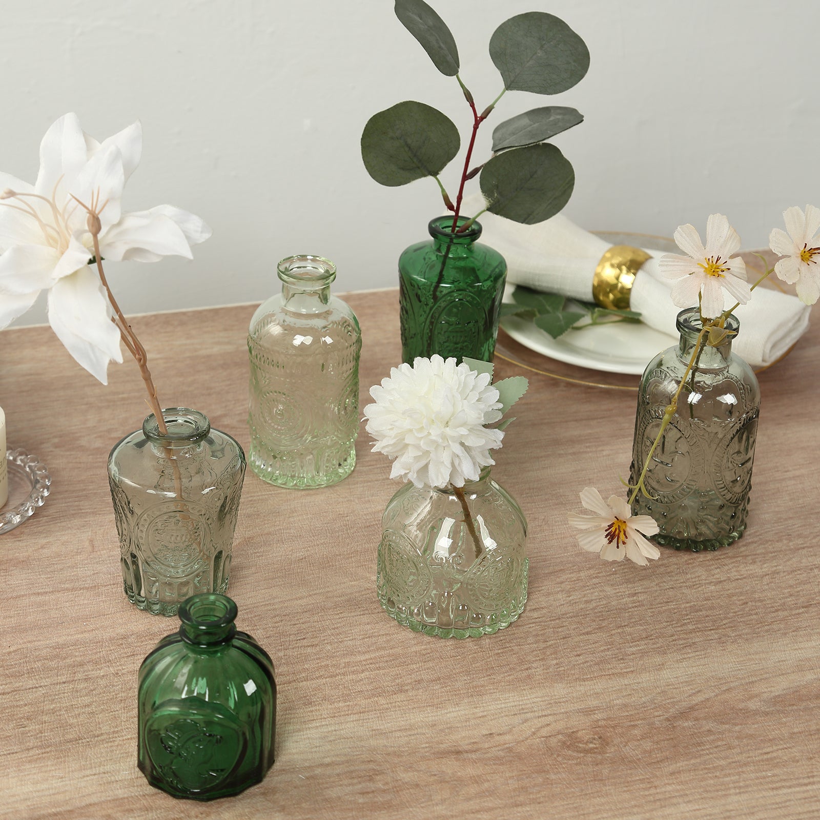 Set of 6 Embossed Glass Bud Vases Vintage Mixed Green - Apothecary Style Decorative Table Centerpieces