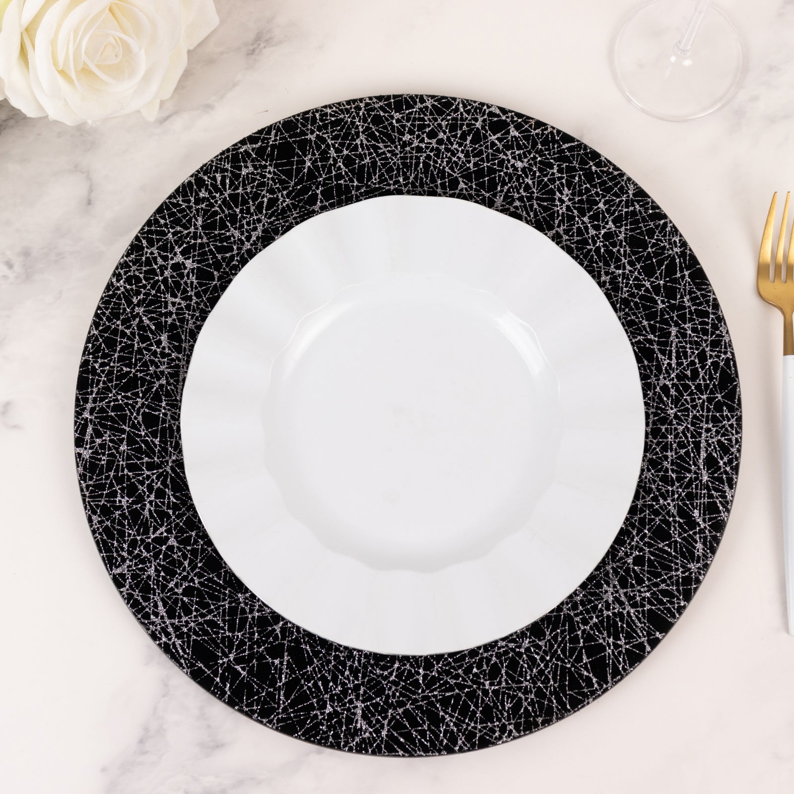 6-Pack Acrylic Round Charger Plates 13 in Black with Silver Glitter Abstract Lines Pattern, Decorative Dinner Party Charger Tableware