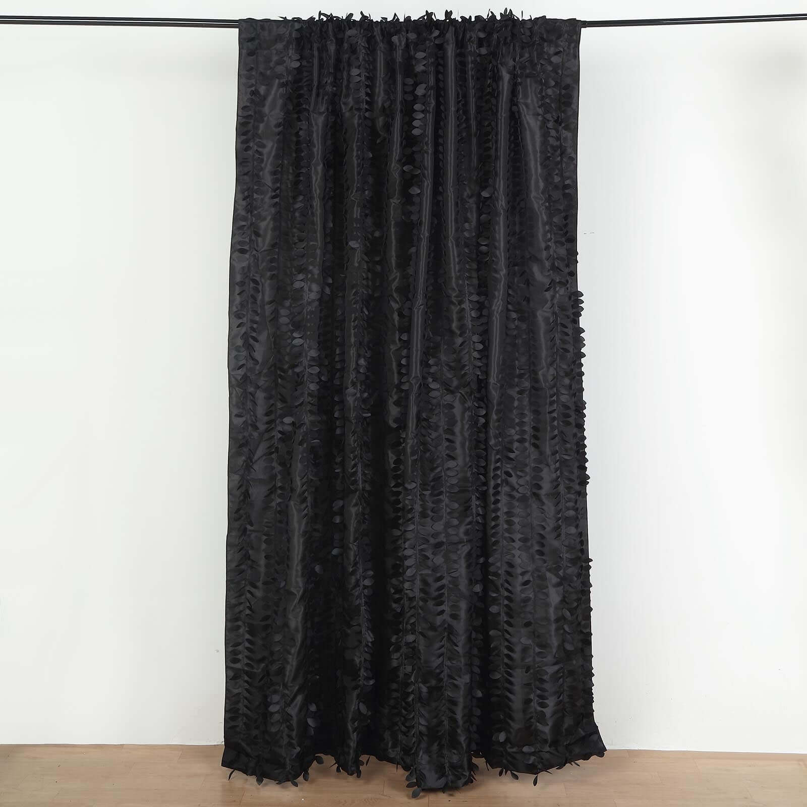 8ftx8ft Black 3D Leaf Petal Taffeta Event Curtain Drapes, Backdrop Event Panel With Rod Pocket