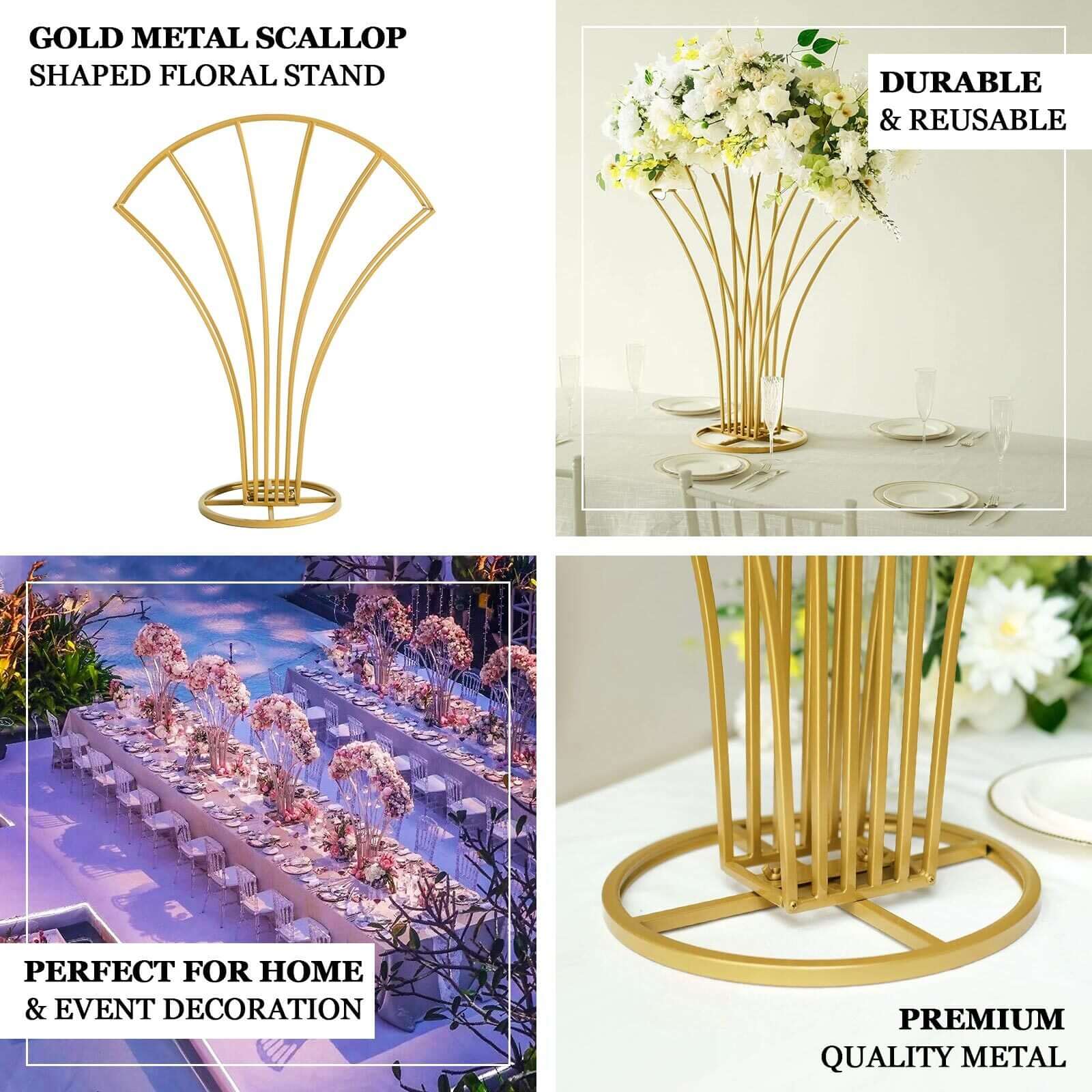 Metal Table Centerpiece Gold Scalloped Fan Shape Design - Wedding Floral Display Flower Frame Stand 32