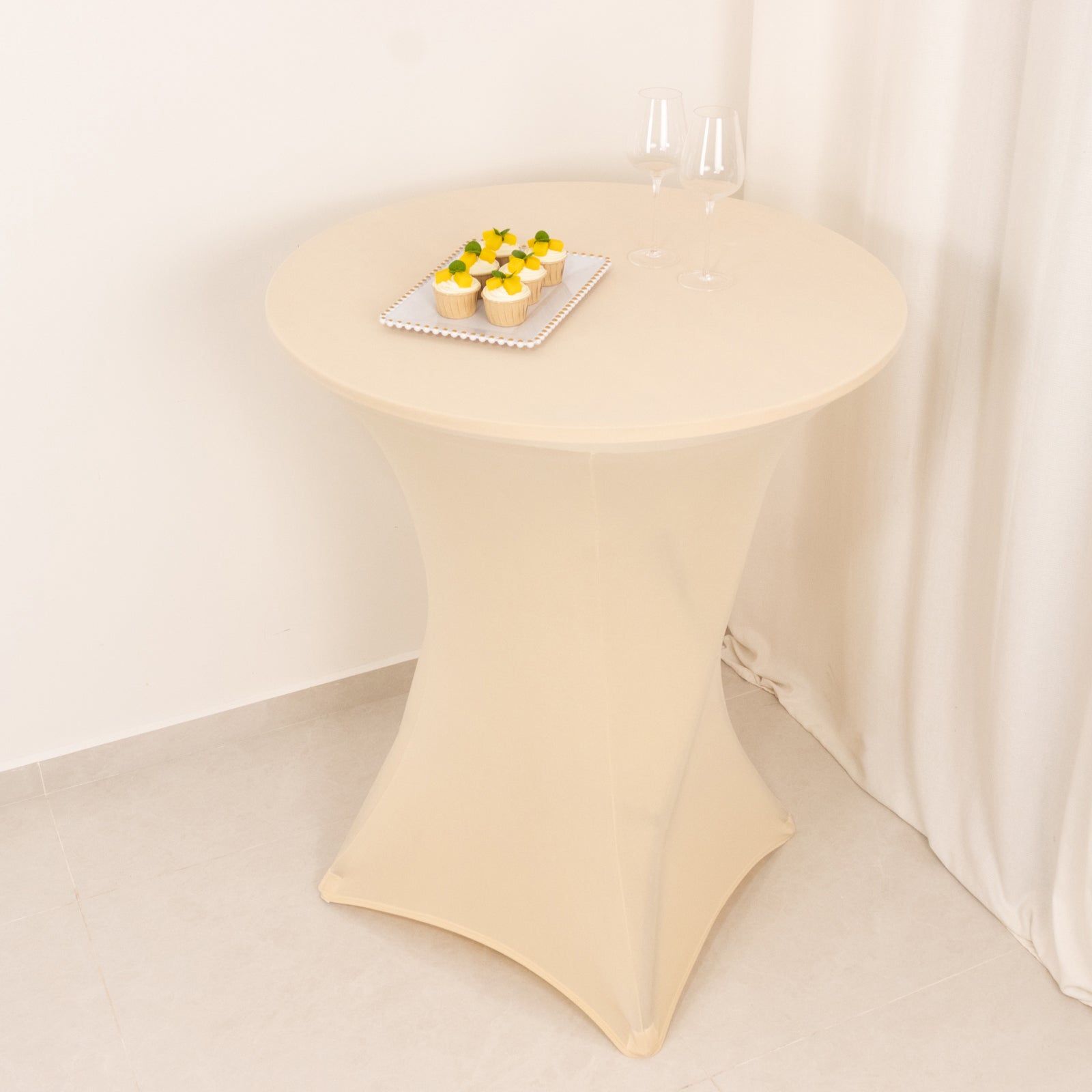 Spandex 33-36 Round Cocktail Table Cover Beige - Easy to Maintain Stretch Fitted Highboy Tablecloth