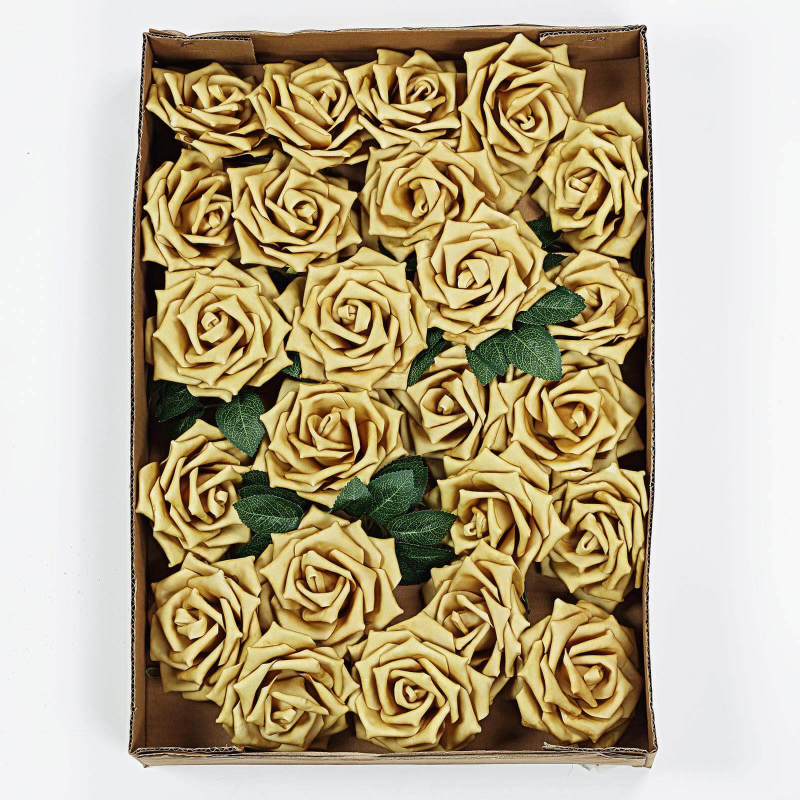 24 Roses 5 Gold Artificial Foam Flowers With Stem Wire and Leaves