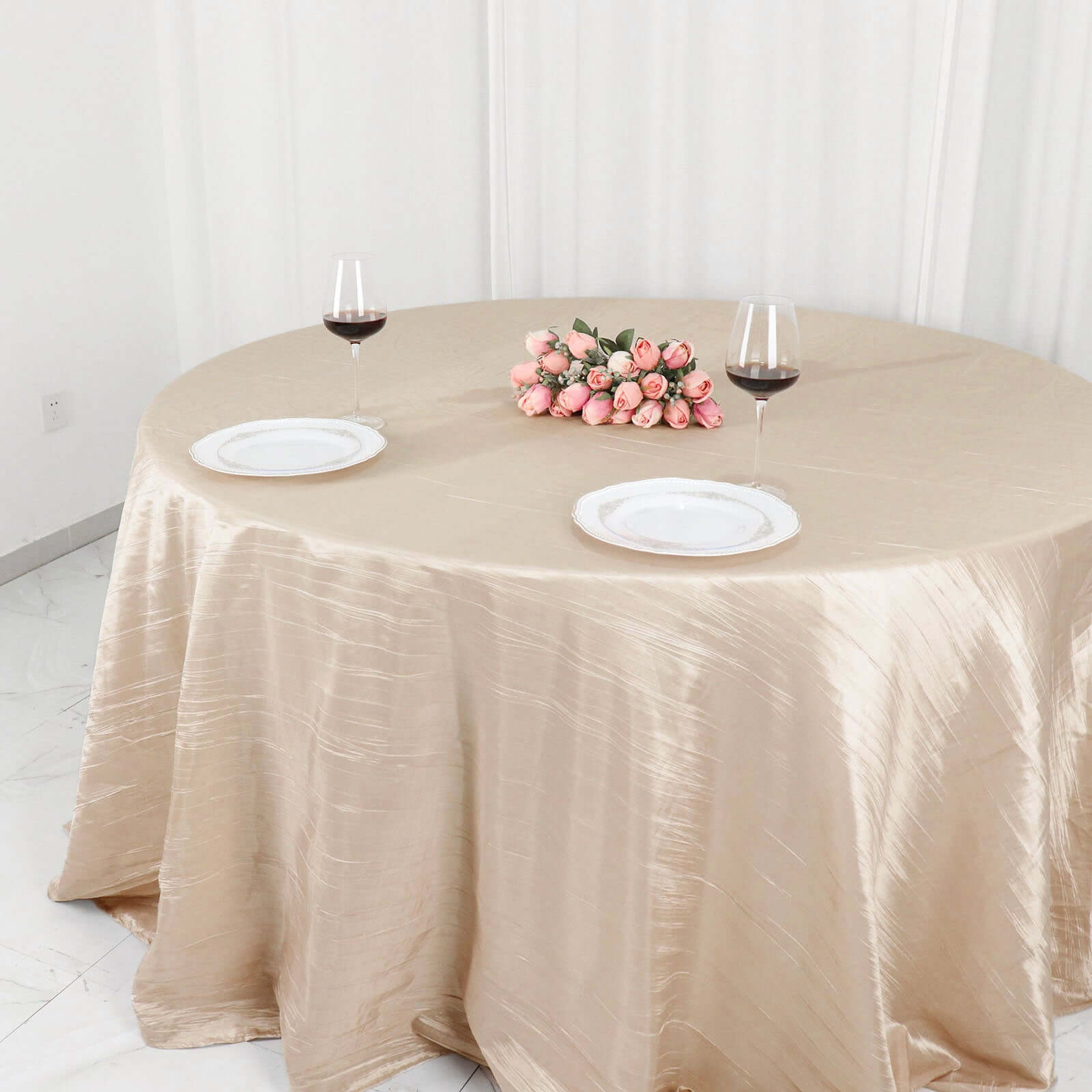 Taffeta 132 Round Tablecloth Beige - Seamless Accordion Crinkle Table Cover