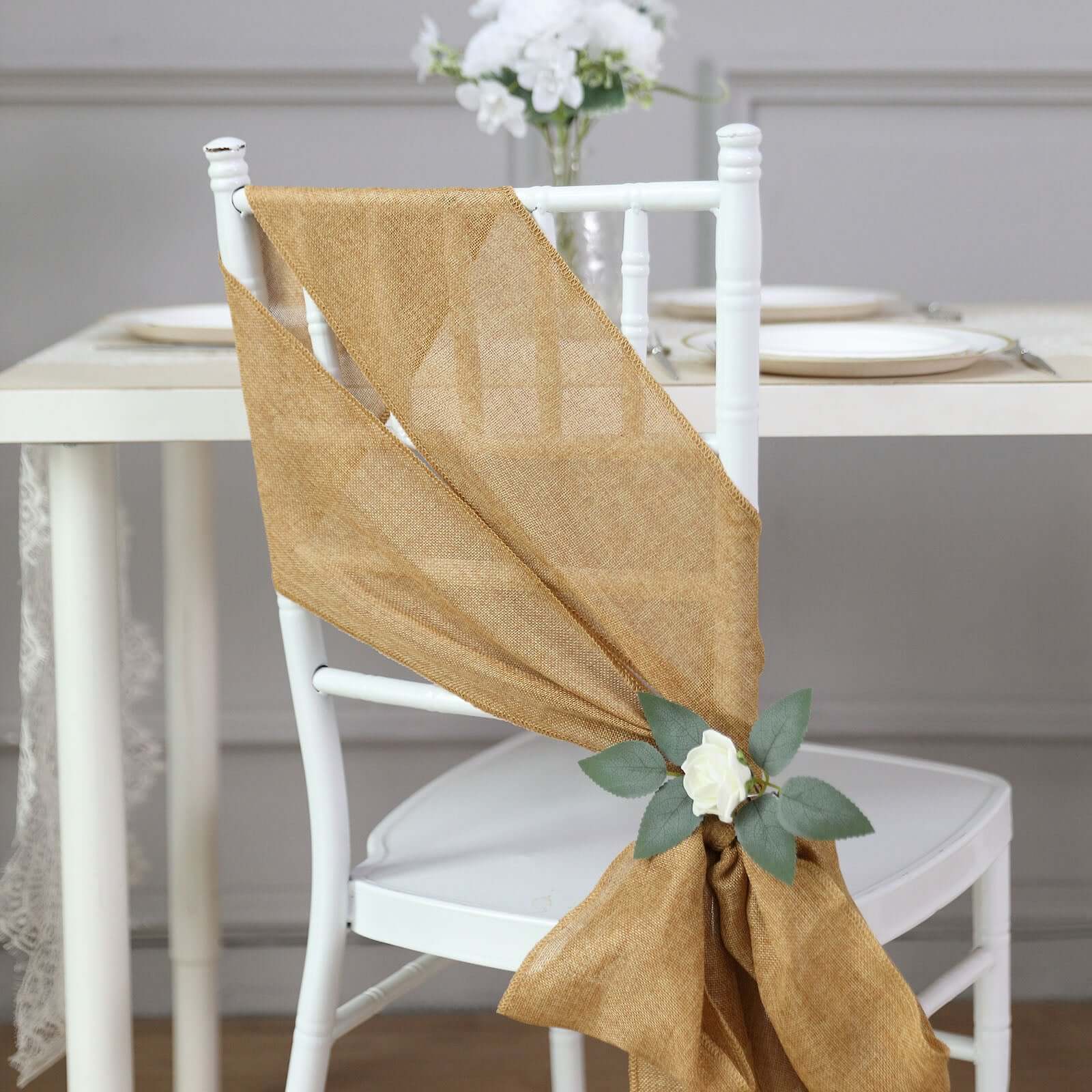 5 Pack Jute Faux Burlap 6x108 Chair Sashes Gold - Boho Chic Linen Decor for Weddings & Gatherings