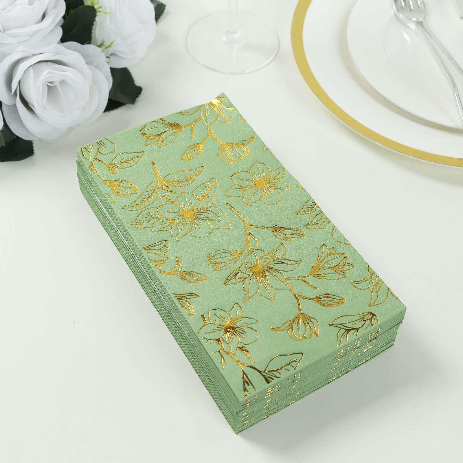 50-Pack Paper Dinner Napkins Sage Green with Gold Magnolia Flowers Print 2-Ply - Disposable Soft Napkins for Parties