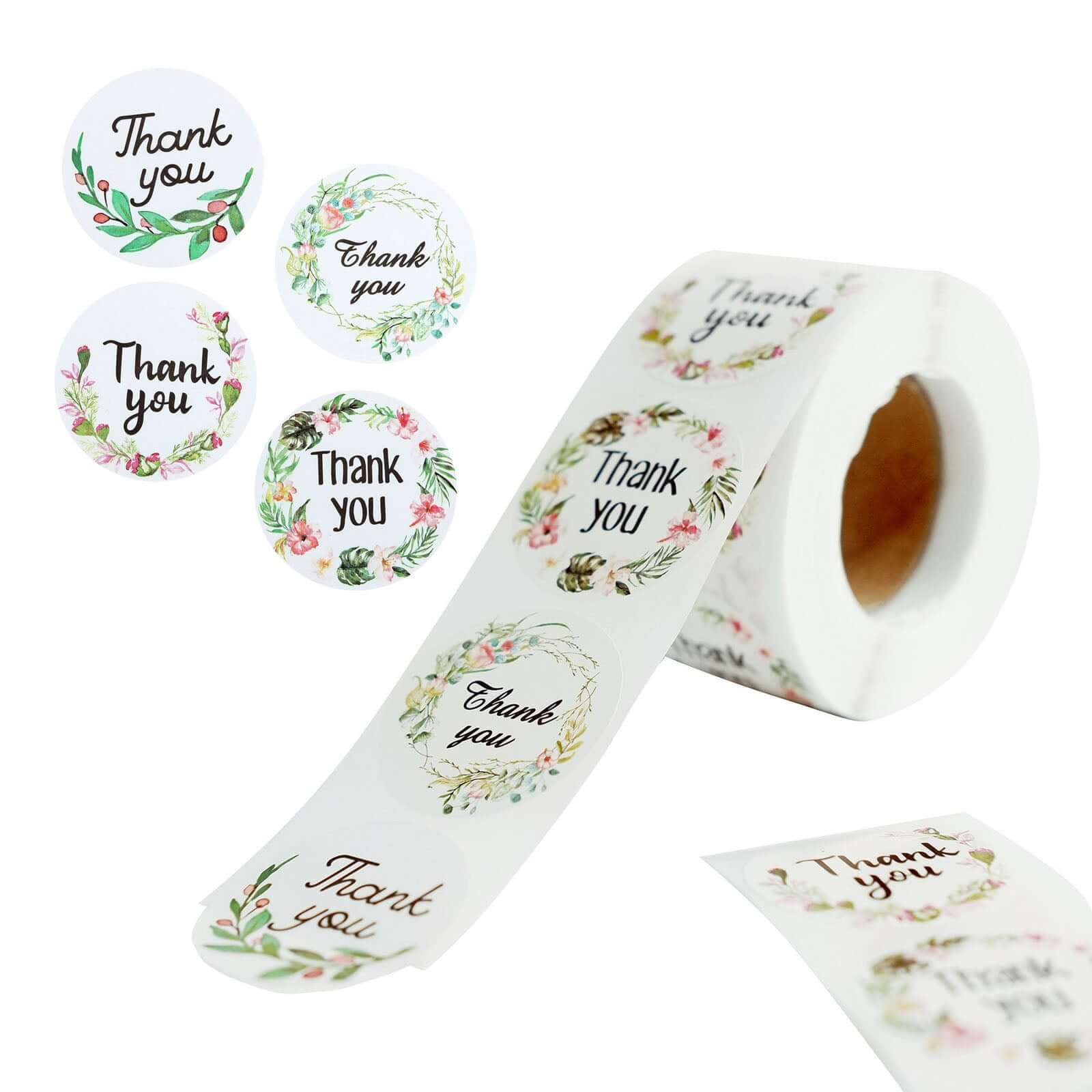 500Pcs 1.5 Thank You Black Print and Floral Design Stickers Roll, DIY Envelope Seal Labels - Round Assorted Designs