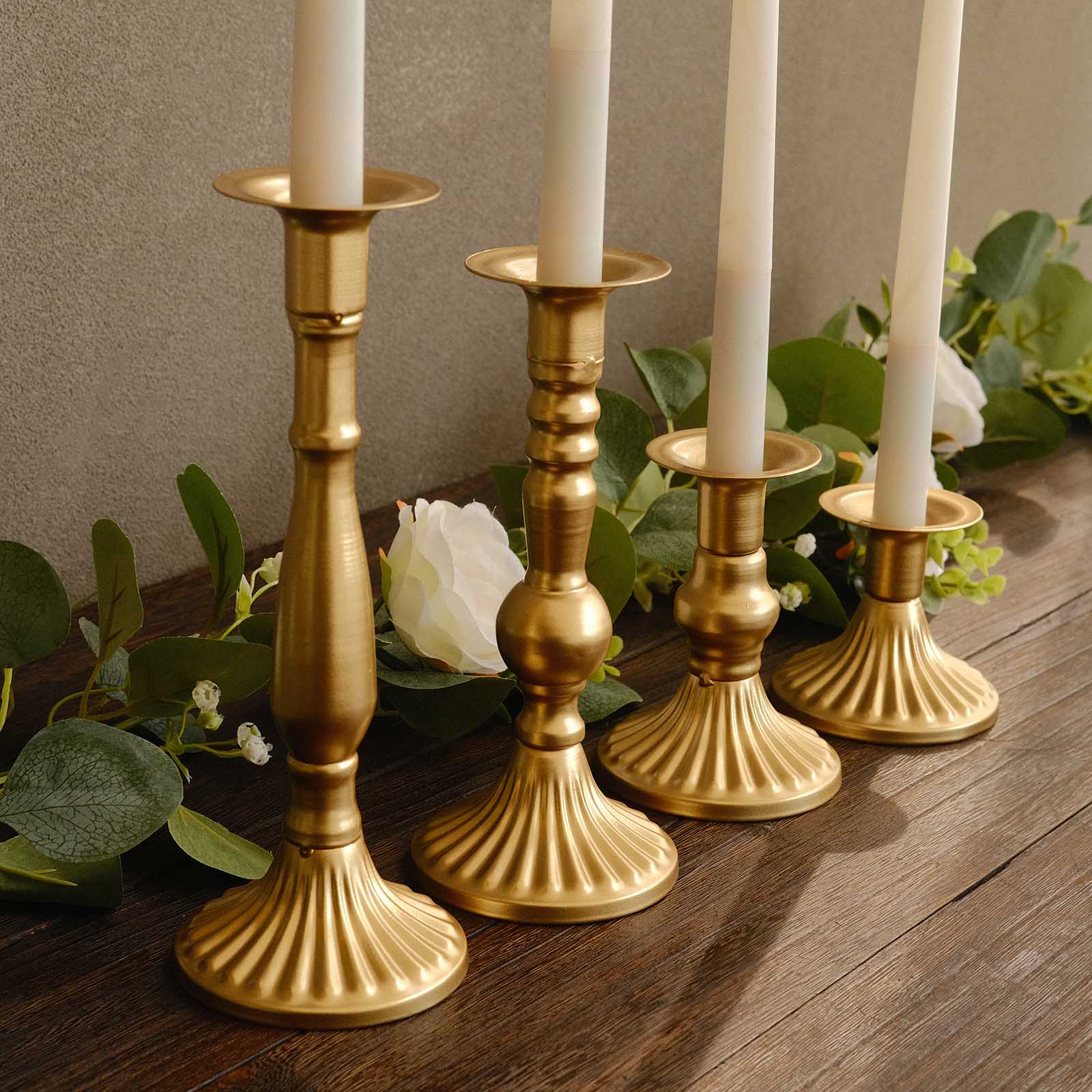 Set of 4 Taper Candle Holders Gold Baroque Metal Vintage Design - Wedding Centerpieces Decorative Stands 3, 5, 8, 9