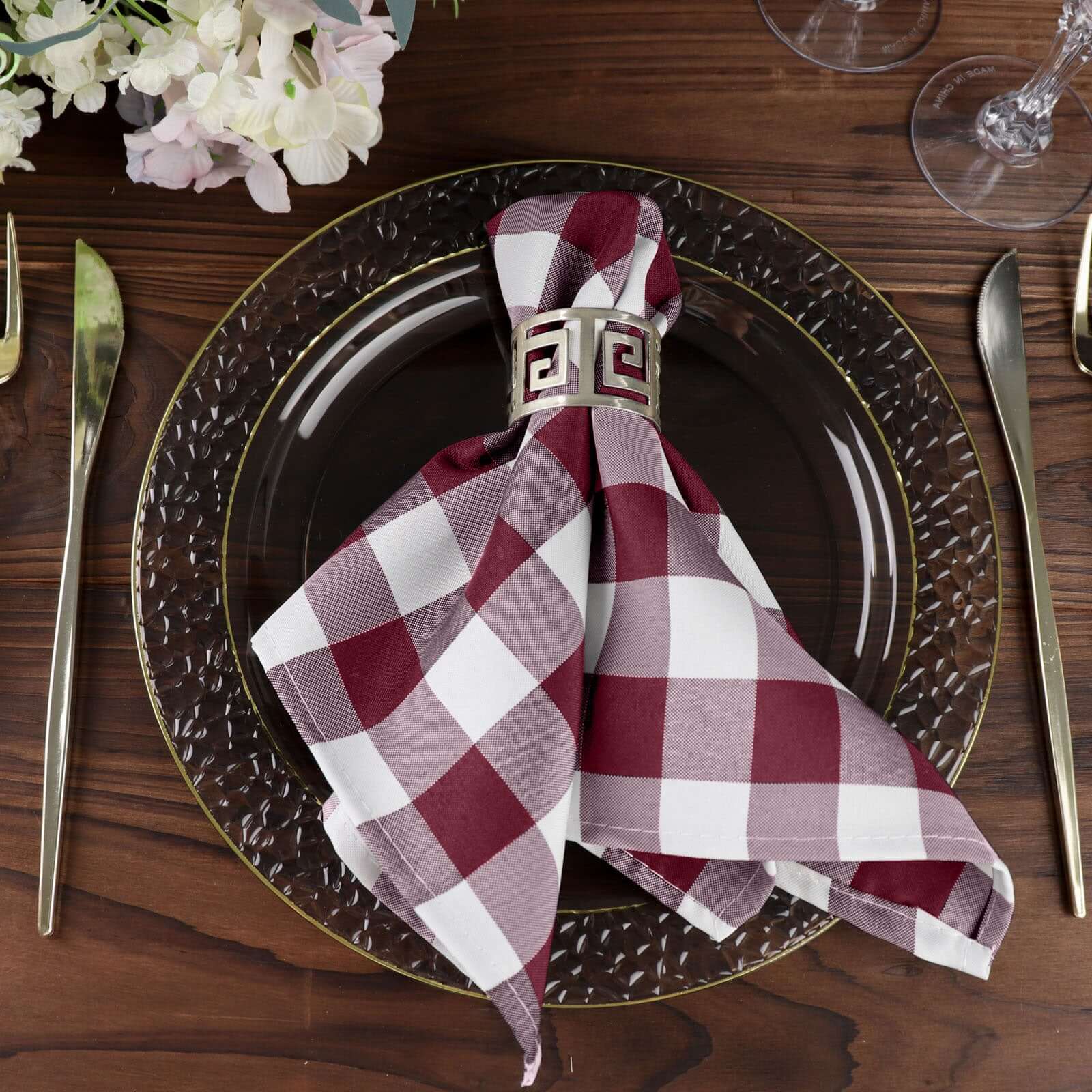 5 Pack Polyester 15x15 Napkins Burgundy/White Buffalo Plaid Gingham Style Cloth Napkins