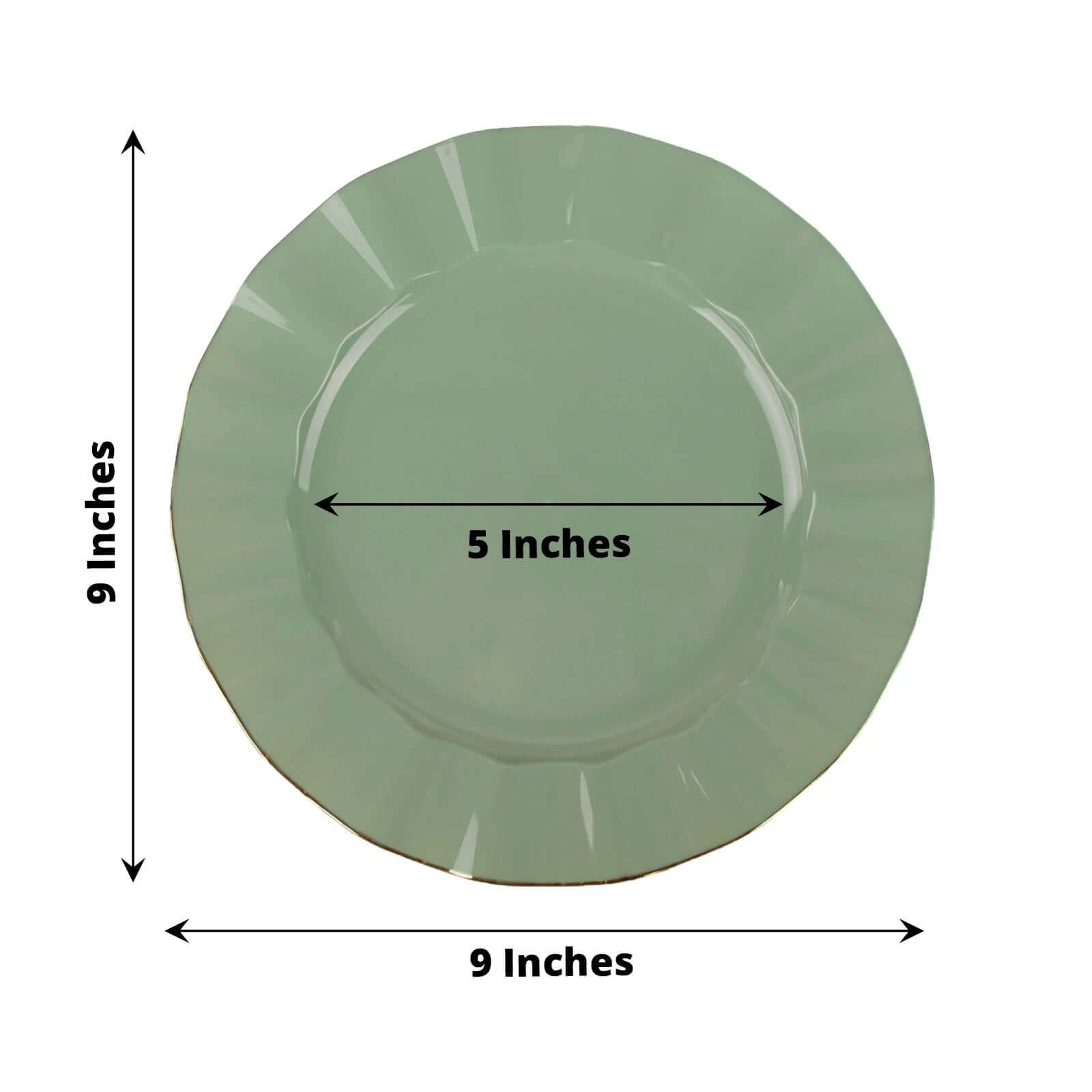 10-Pack Plastic 9 Round Dinner Plates in Dusty Sage Green Ruffled Rim with Gold Edging - Sturdy Disposable Dinnerware