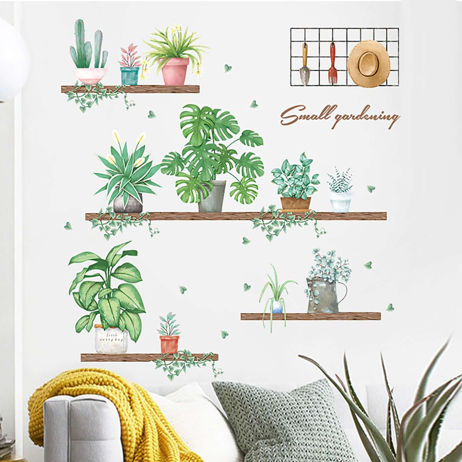 Green Potted Plants on Shelves Wall Decals, Tropical Art Decor Stickers