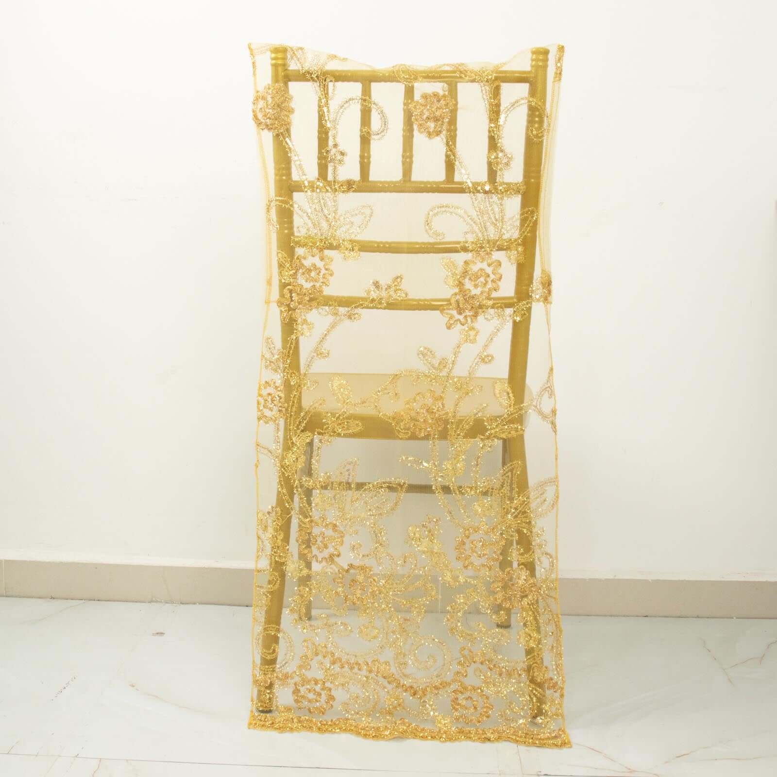 Organza Chiavari Chair Slipcover with Floral Sequin Embroidery Gold - Lace Chair Back Cover