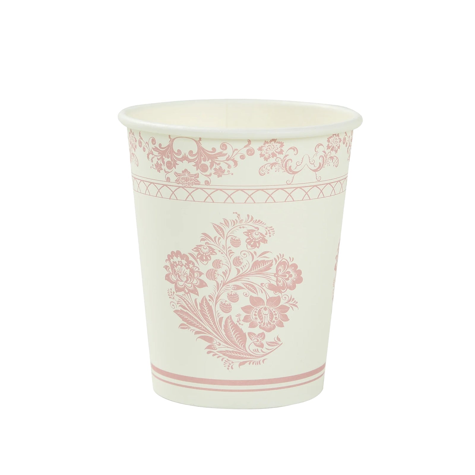 24-Pack Paper Cups White with Pink French Toile Print - Stylish Disposable Floral Party Cups for Hot & Cold Beverages 9oz