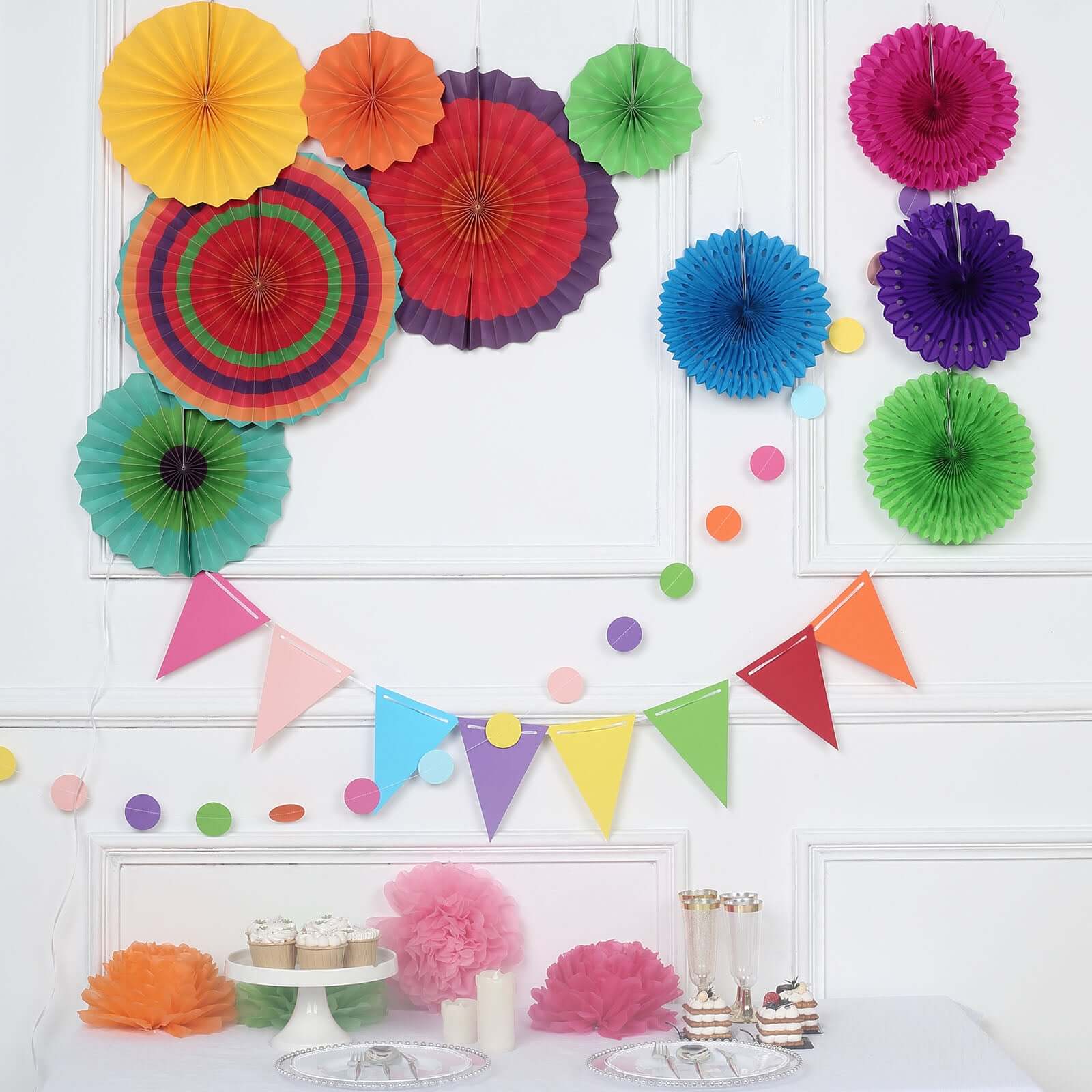 20Pcs Colorful Hanging Fiesta Themed Party Decorations Set, Paper Fans, Pom Pom Flowers, Polka Dot and Bunting Flag Garlands Included