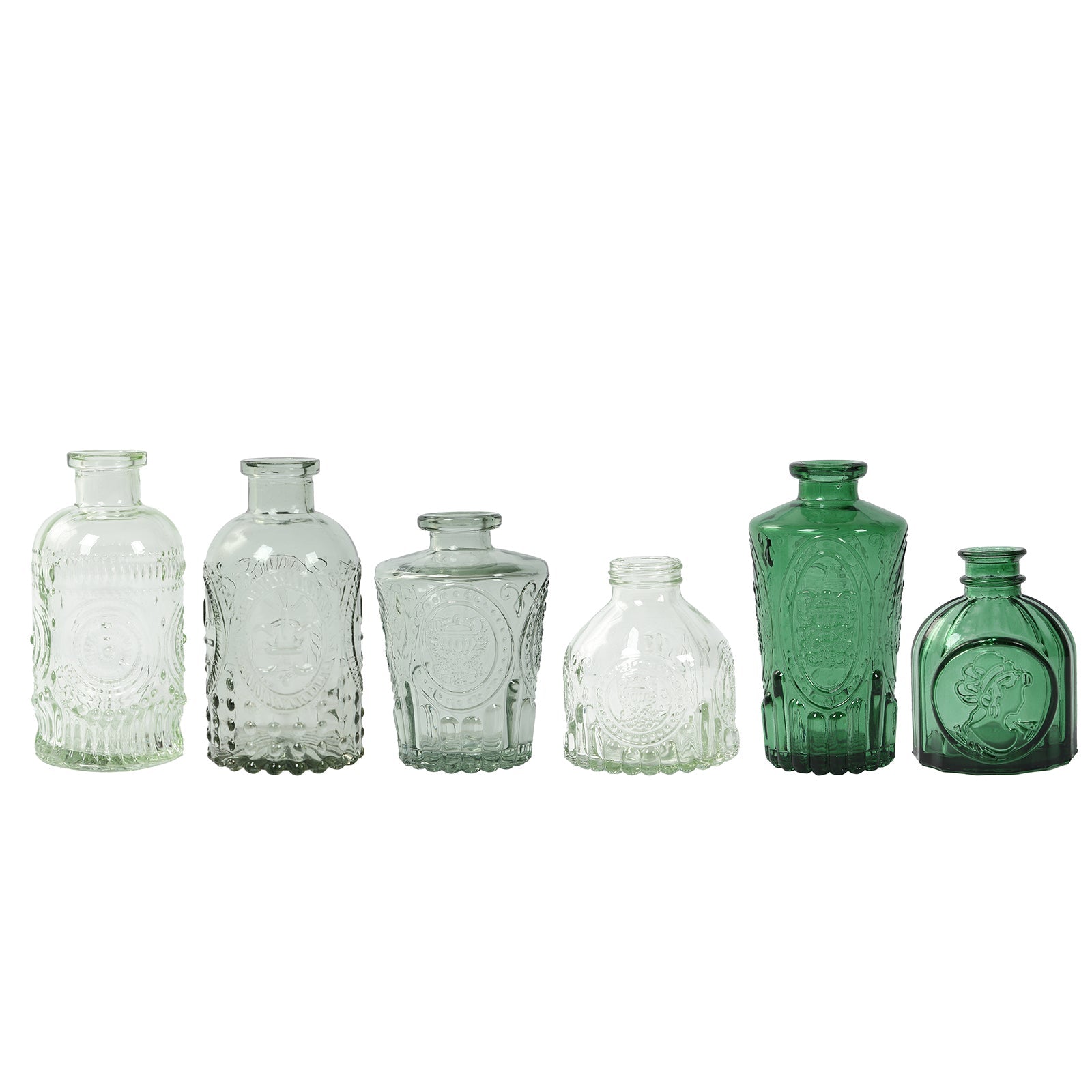 Set of 6 Embossed Glass Bud Vases Vintage Mixed Green - Apothecary Style Decorative Table Centerpieces