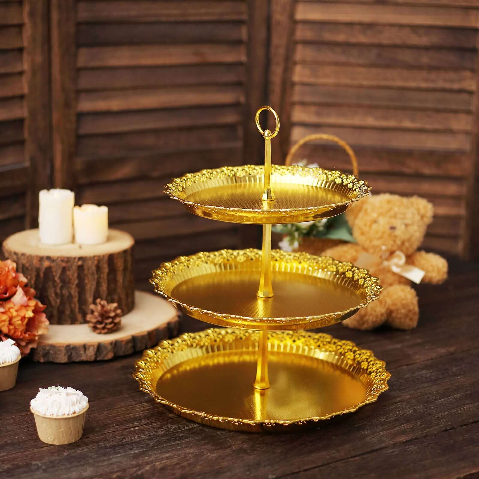 3-Tier Plastic Round Cupcake Stand 15 Metallic Gold with Lace Scalloped Edges - Multifunctional Space Saving Dessert Display Tower Pastry Serving Tray for Classy Events