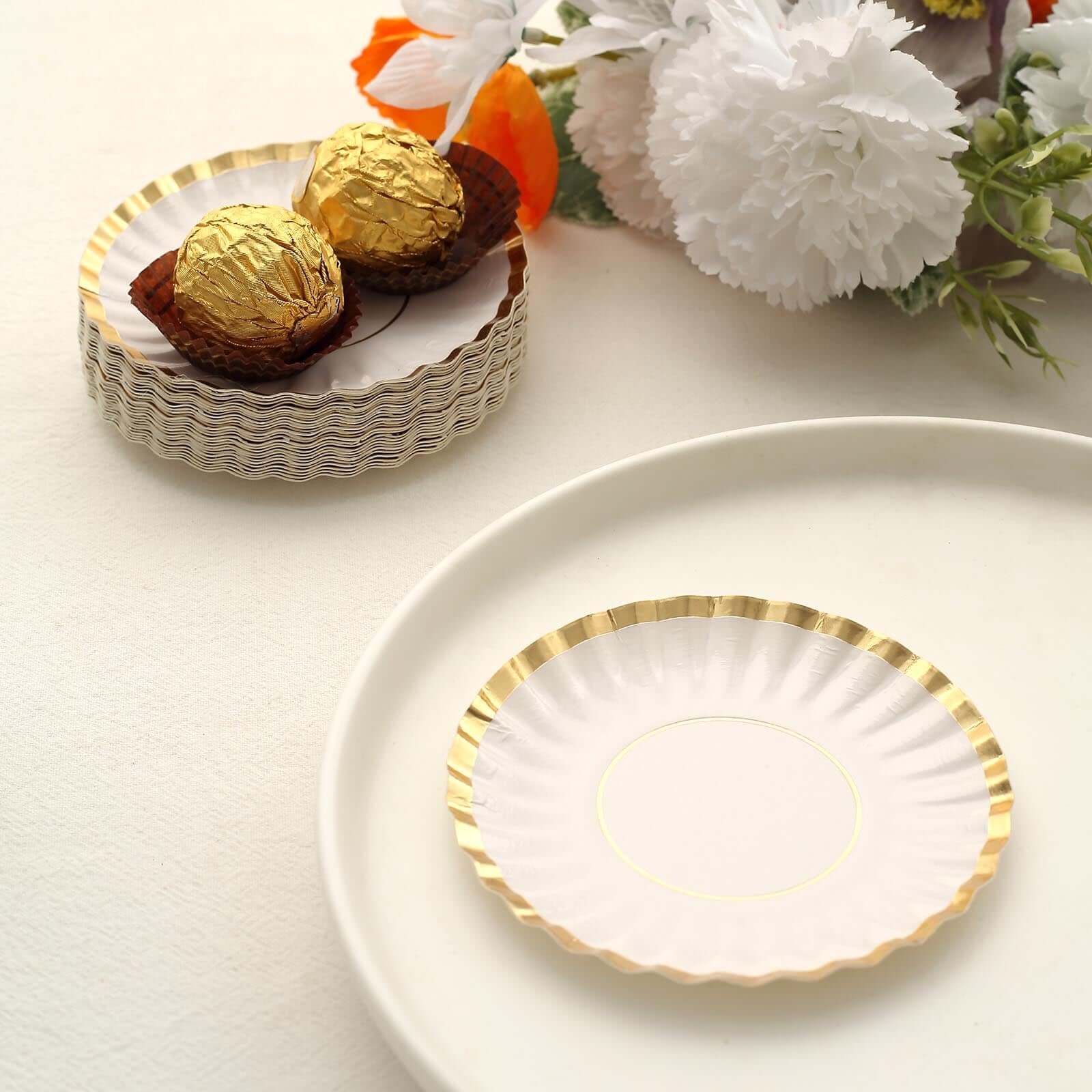 50-Pack Paper 3.5 Round Party Plates in White with Gold Scalloped Rim - Disposable Mini 250GSM Dessert Plates for Tapas, Appetizers & Finger Foods