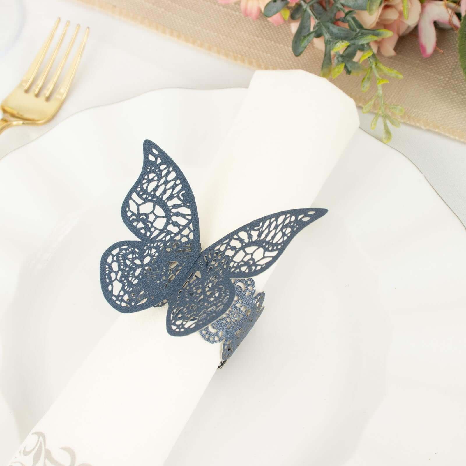 12-Pack Paper Napkin Rings Laser Cut Butterfly Navy Blue Shimmery - Decorative Serviette Holders