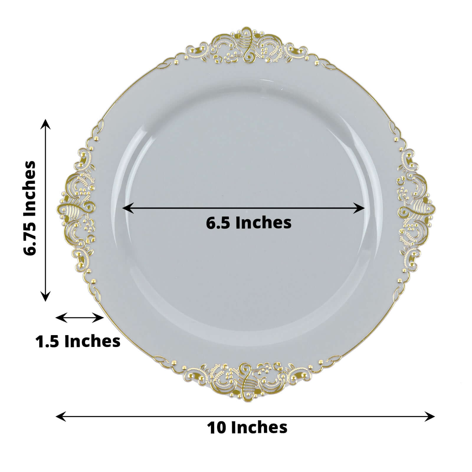 10-Pack Plastic 10 Round Dinner Plates in Gray with Gold Leaf Embossed Rim - Disposable Vintage Baroque Style Plates