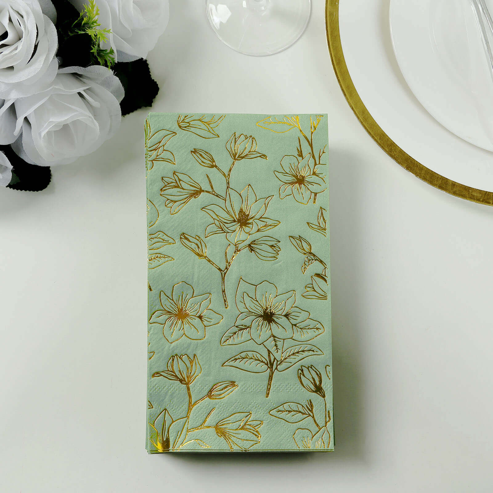 50-Pack Paper Dinner Napkins Sage Green with Gold Magnolia Flowers Print 2-Ply - Disposable Soft Napkins for Parties