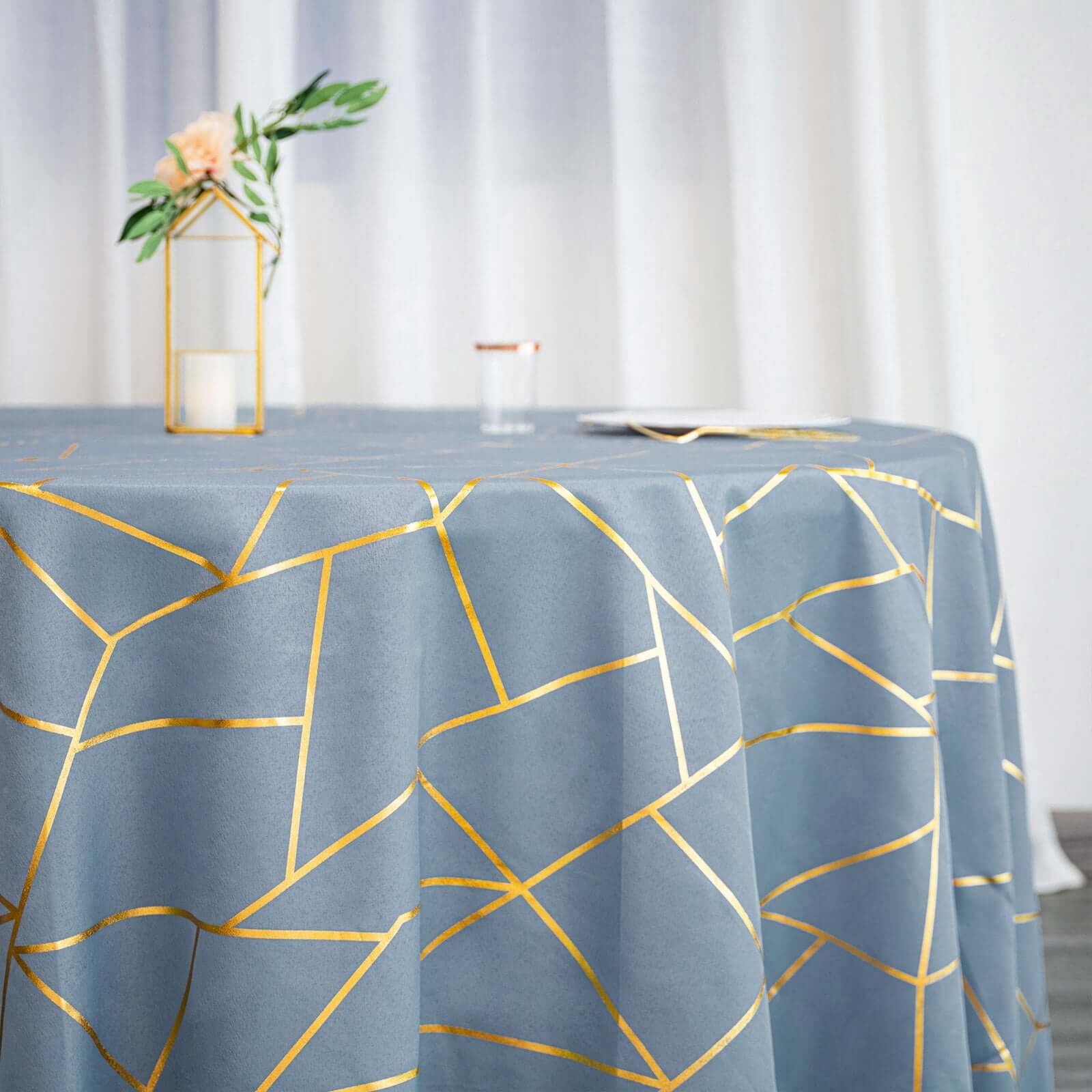 Polyester 120 Round Tablecloth Dusty with Gold Foil Geometric Pattern Wrinkle-Resistant Seamless Table Cover