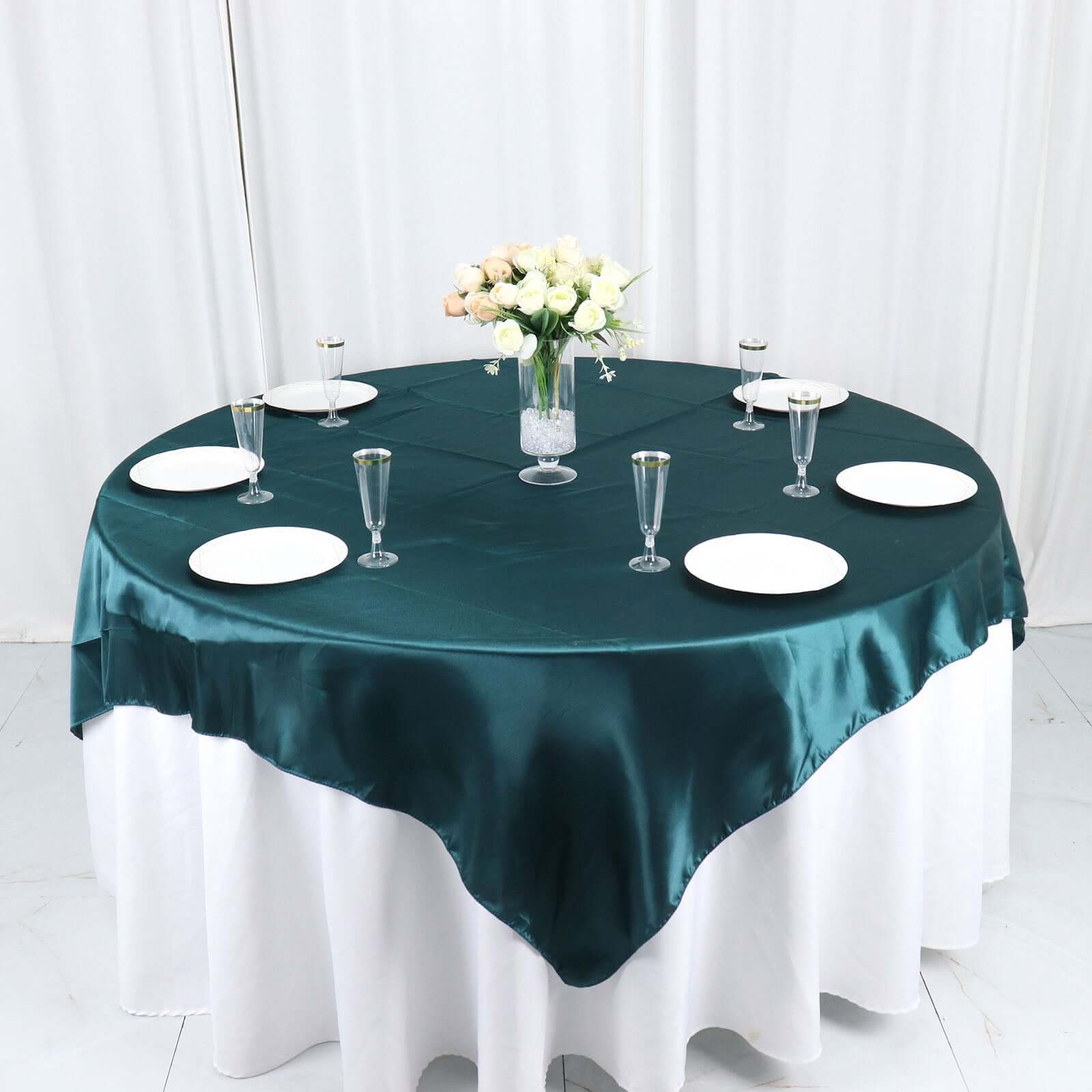 Satin 72x72 Table Overlay Square Tablecloth Peacock Teal - Smooth Finish Table Cover